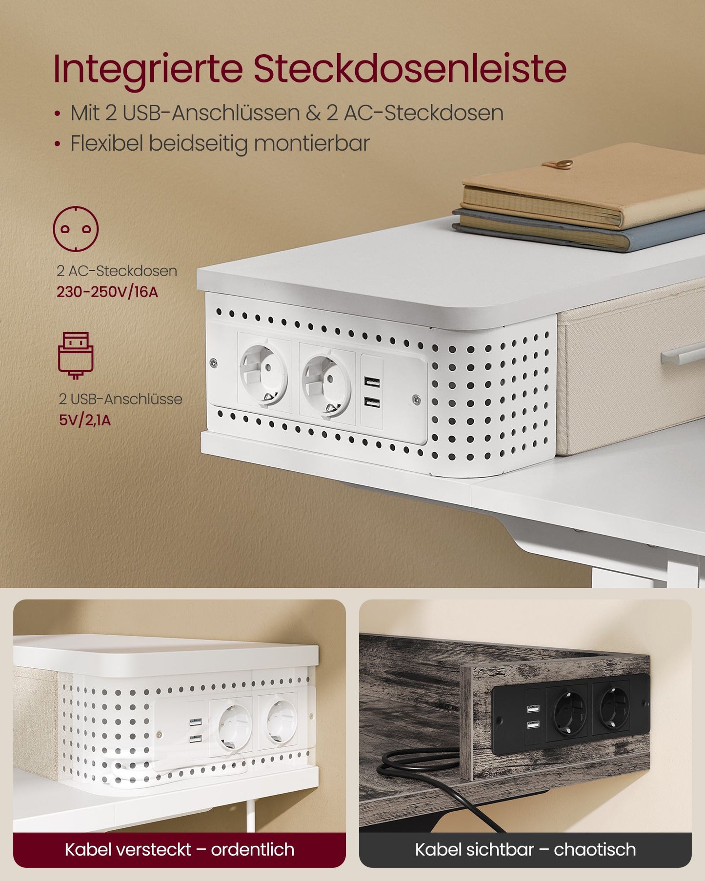 Scrivania Elettrica, Scrivania Regolabile in Altezza, Scrivania PC, 60x120x(72-120)cm, con Supporto per Monitor, Bianco, Vasagle, 1
