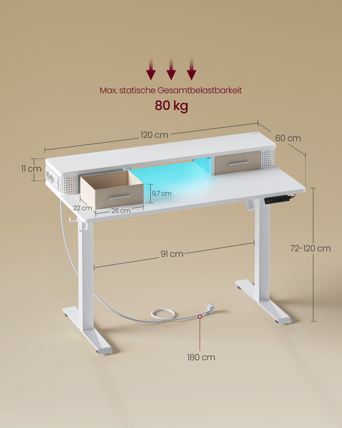 Scrivania Elettrica, Scrivania Regolabile in Altezza, Scrivania PC, 60x120x(72-120)cm, con Supporto per Monitor, Bianco, Vasagle, 1