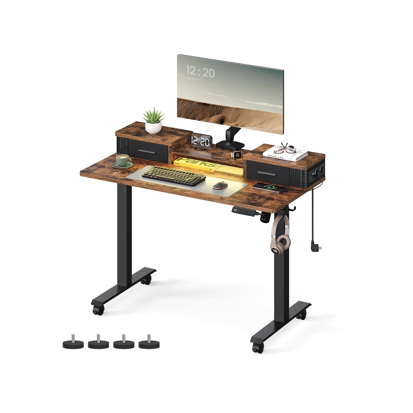 Scrivania Elettrica, Scrivania Regolabile in Altezza, Scrivania PC, 60x120x(72-120)cm, con Supporto per Monitor, Marrone, Vasagle, 1