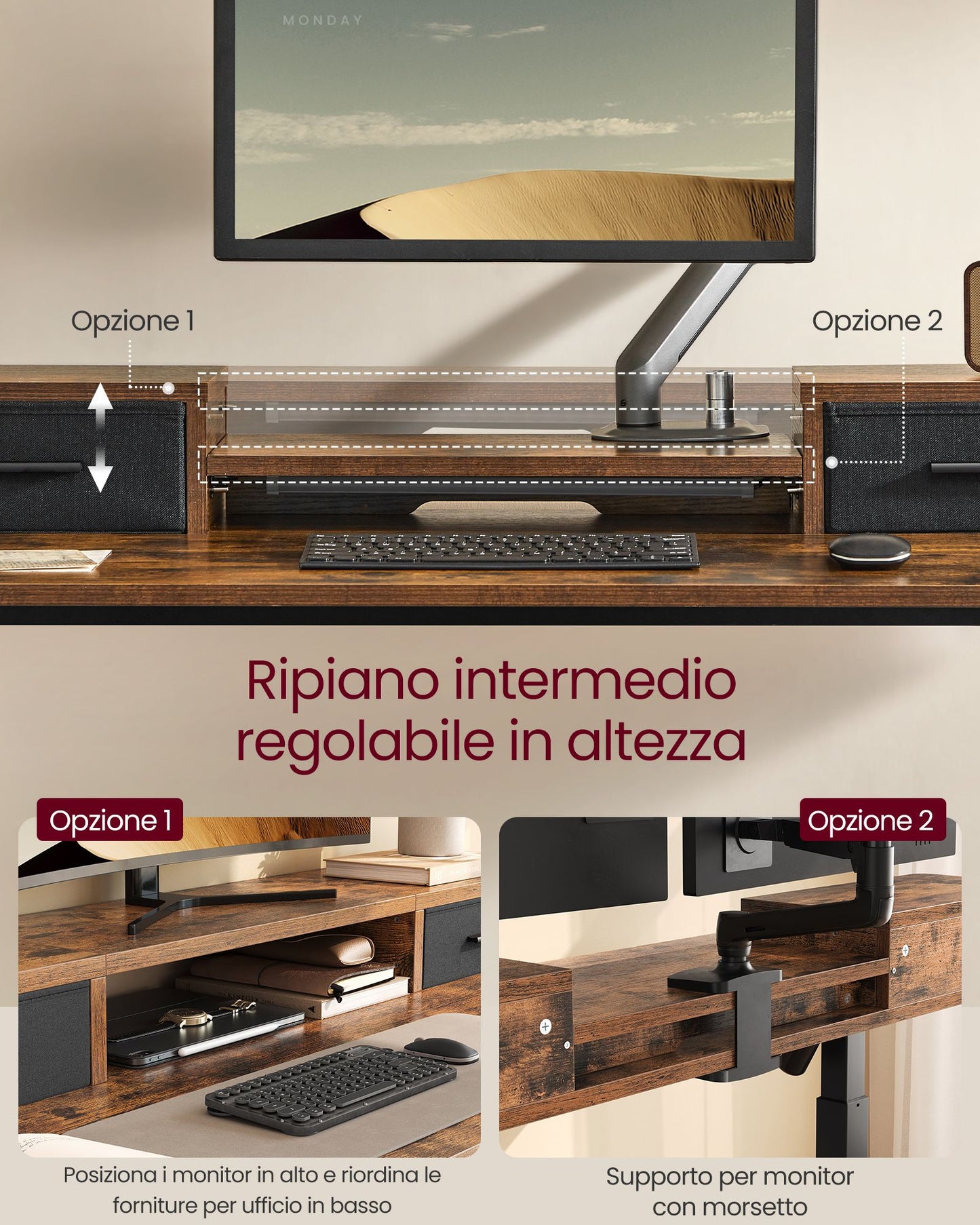Scrivania Elettrica, Scrivania Regolabile in Altezza, Scrivania PC, 60x120x(72-120)cm, con Supporto per Monitor, Marrone, Vasagle, 1