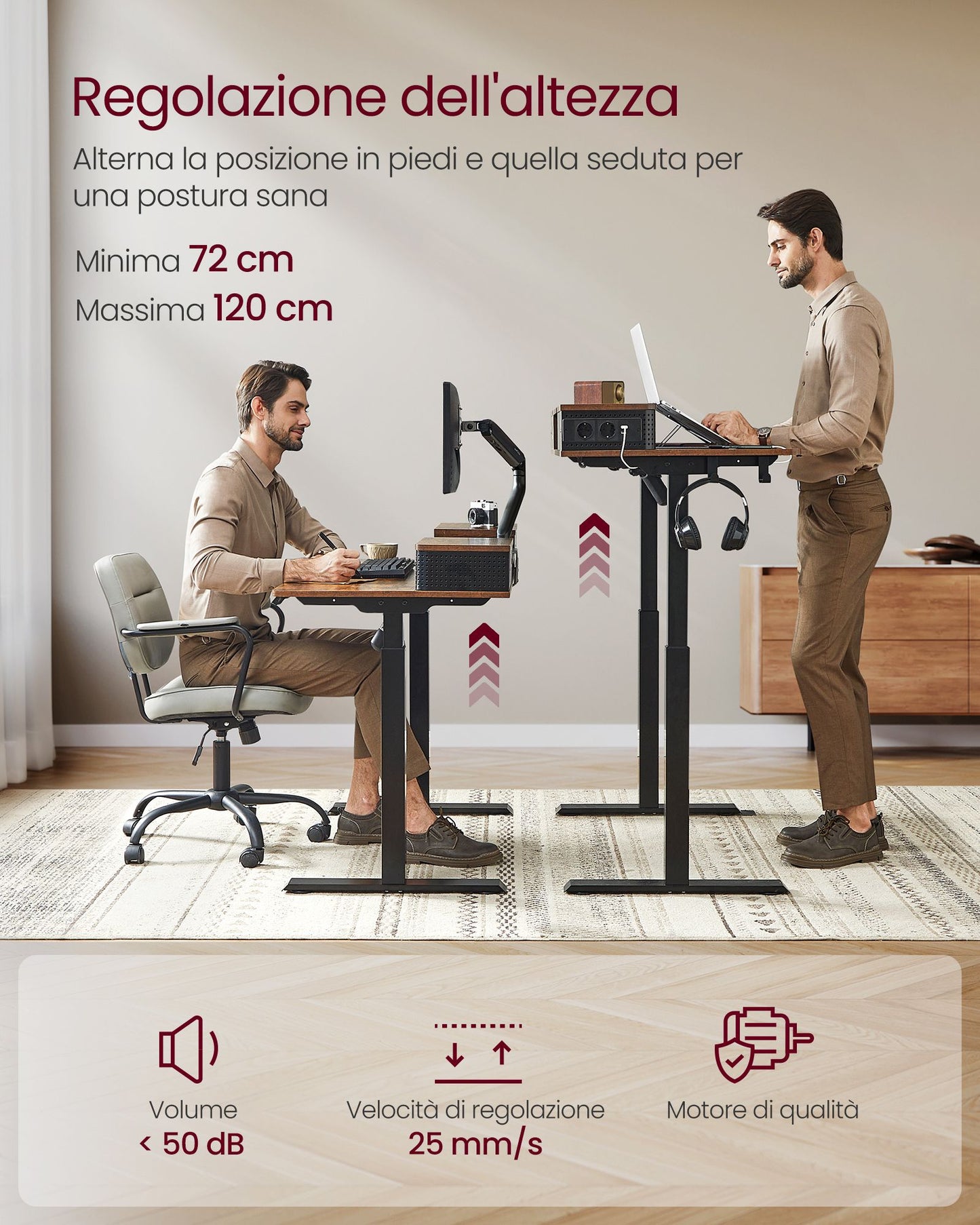 Scrivania Elettrica, Scrivania Regolabile in Altezza, Scrivania PC, 60x120x(72-120)cm, con Supporto per Monitor, Marrone, Vasagle, 1