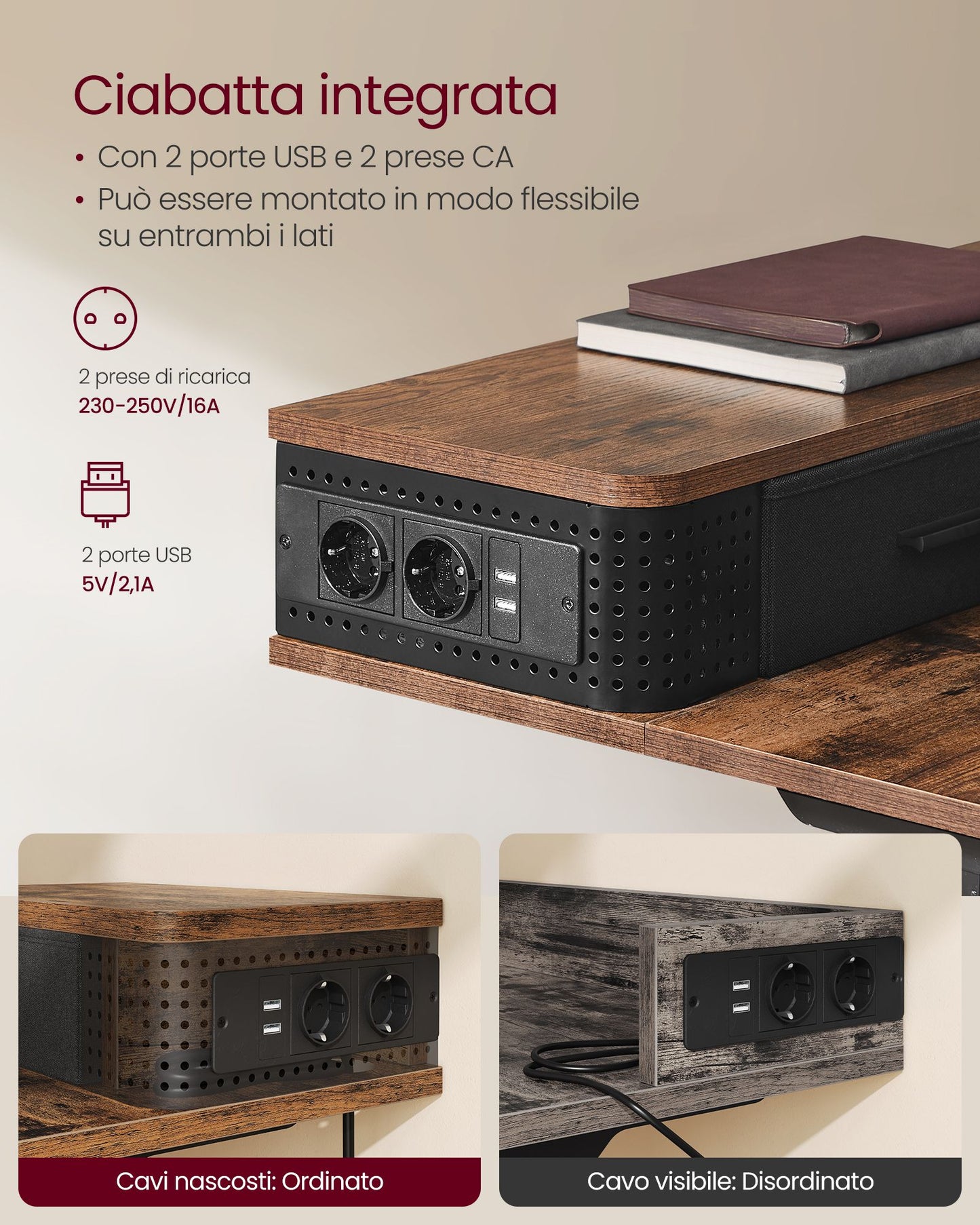 Scrivania Elettrica, Scrivania Regolabile in Altezza, Scrivania PC, 60x120x(72-120)cm, con Supporto per Monitor, Marrone, Vasagle, 1