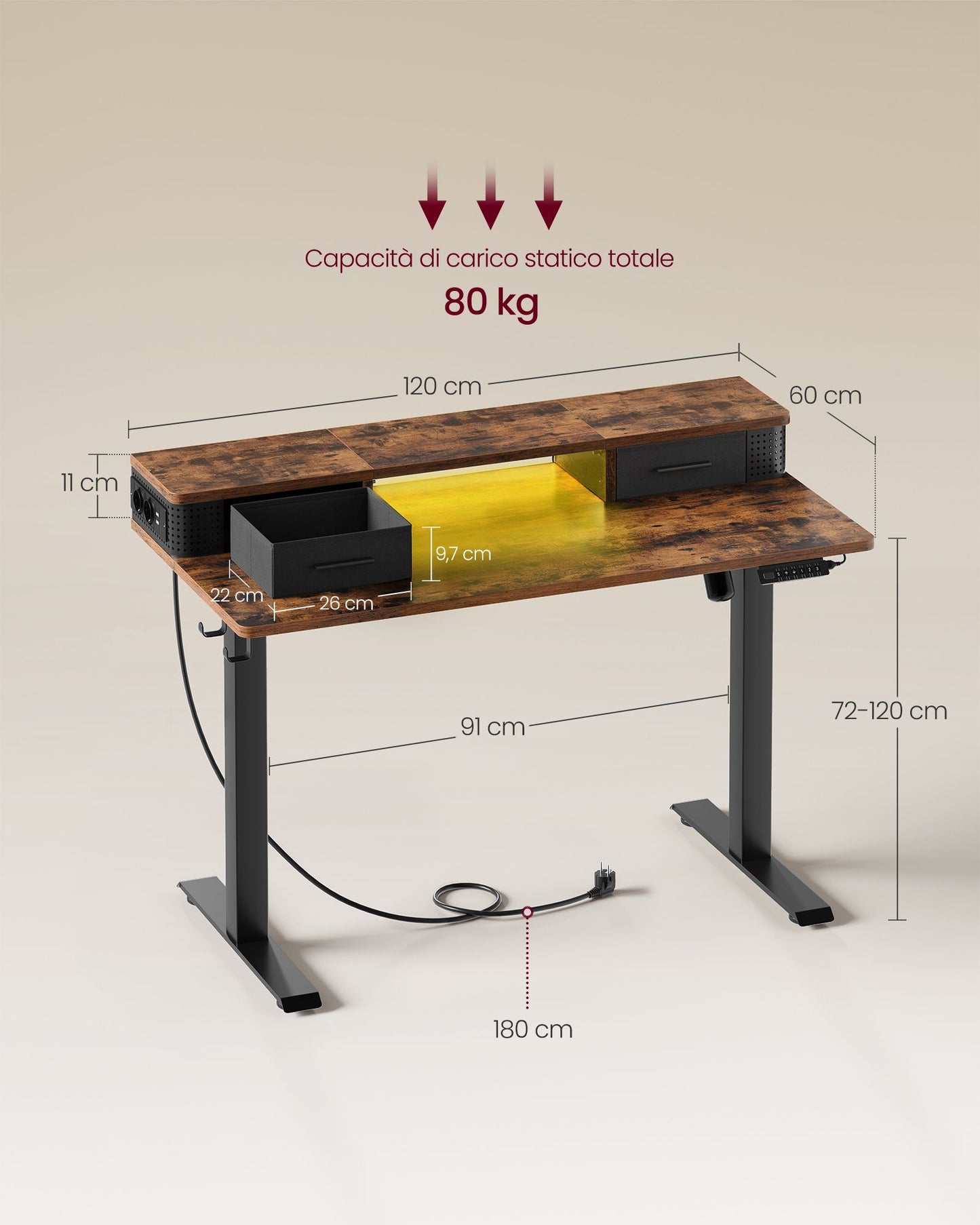 Scrivania Elettrica, Scrivania Regolabile in Altezza, Scrivania PC, 60x120x(72-120)cm, con Supporto per Monitor, Marrone, Vasagle, 1