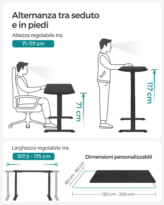 Scrivania Elettrica, Scrivania Regolabile in Altezza, Scrivania PC, 60x120cm, Doppio Motore, 4 Altezze, Nero, Songmics, 1