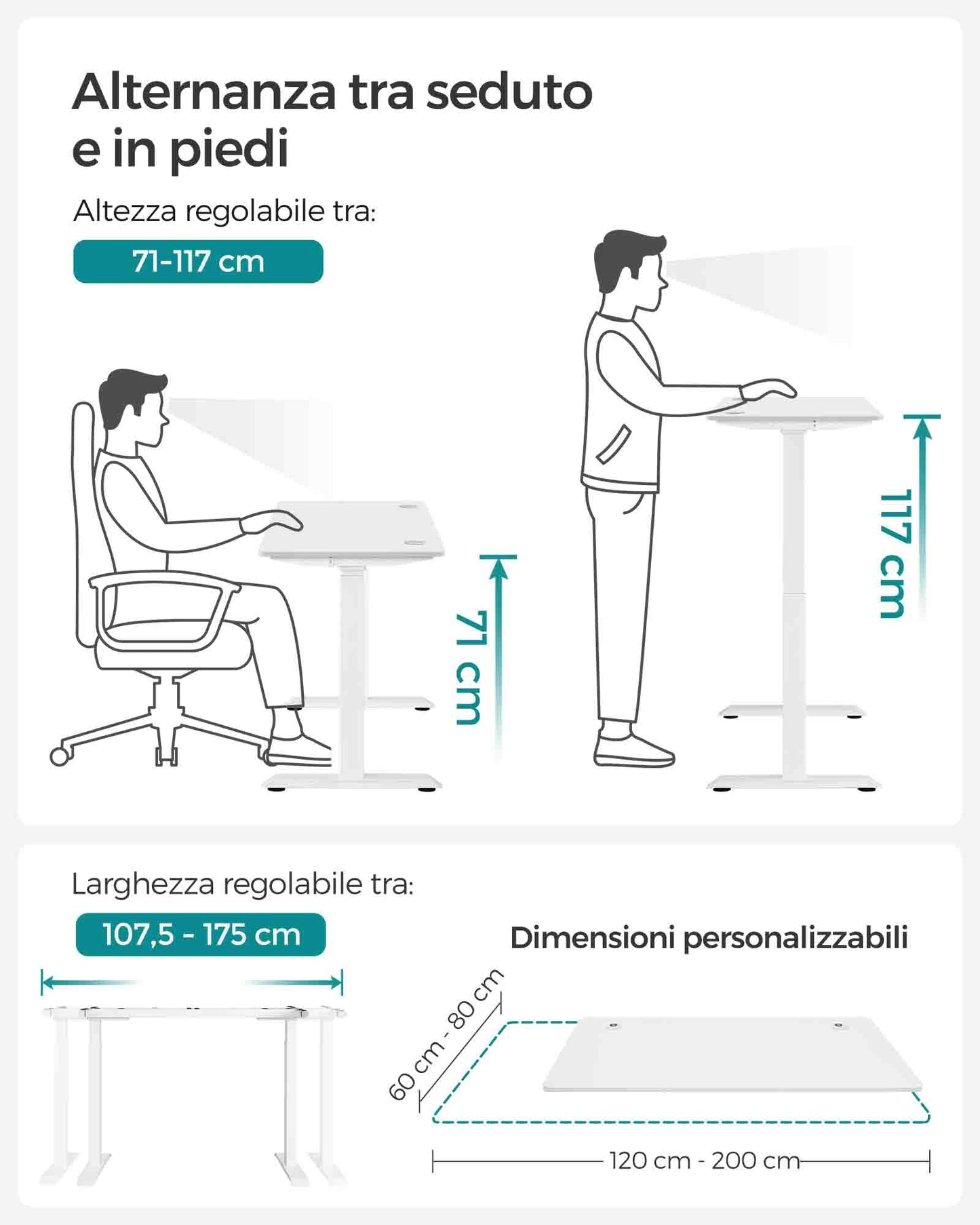 Scrivania Elettrica, Scrivania Regolabile in Altezza, Scrivania PC, 60x120cm, 4 Altezze, Bianco, Songmics, 1