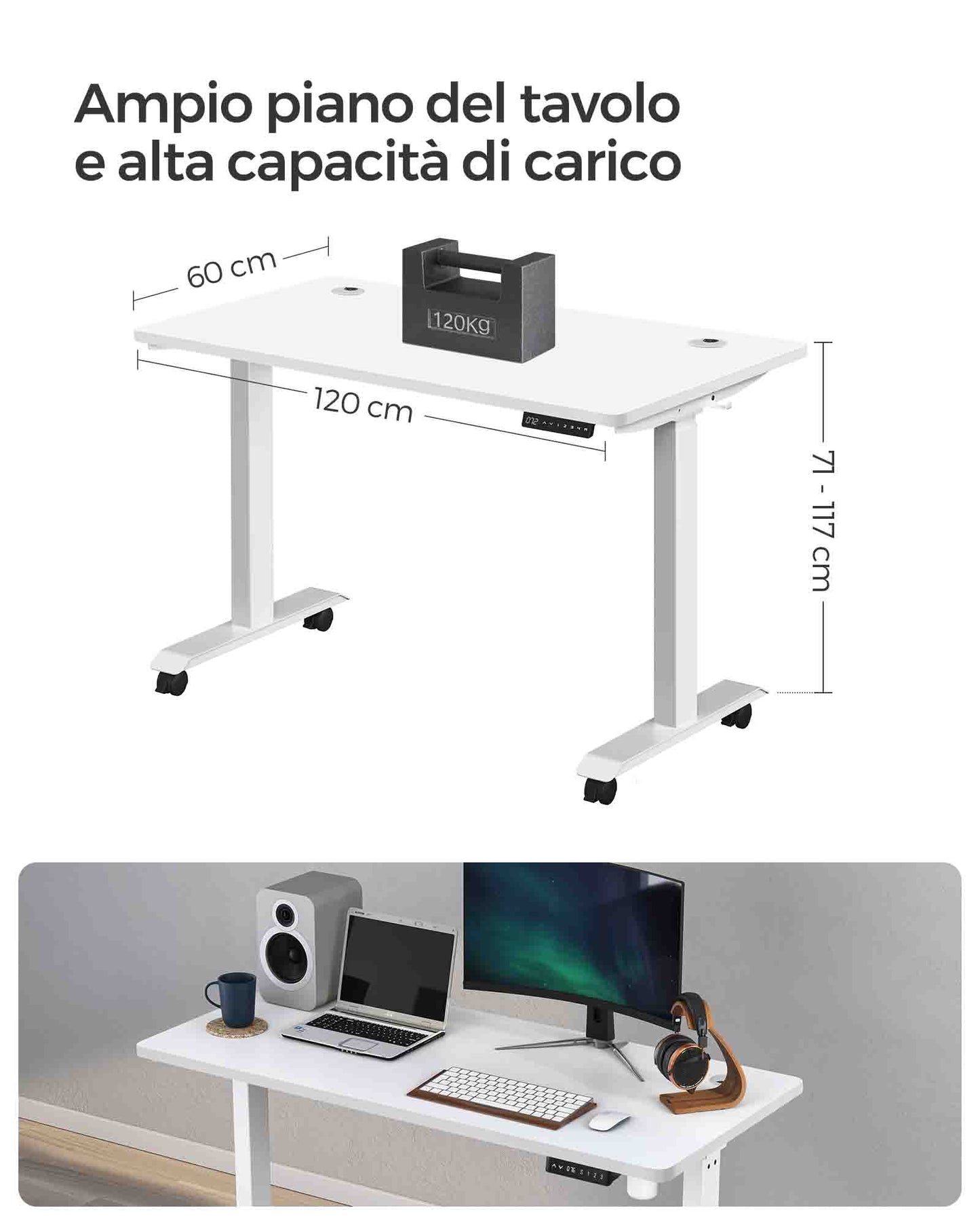 Scrivania Elettrica, Scrivania Regolabile in Altezza, Scrivania PC, 60x120cm, 4 Altezze, Bianco, Songmics, 1