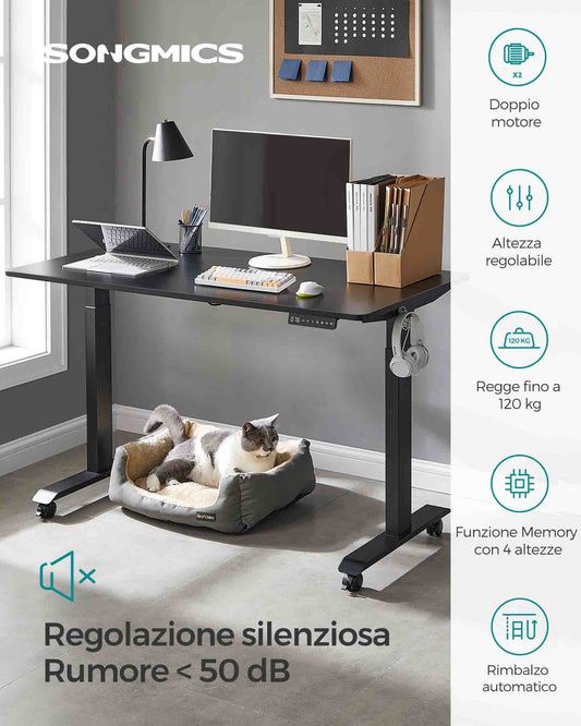 Scrivania Elettrica, Scrivania Regolabile in Altezza, Scrivania PC, 70x140cm, 4 Altezze, Nero, Songmics, 1