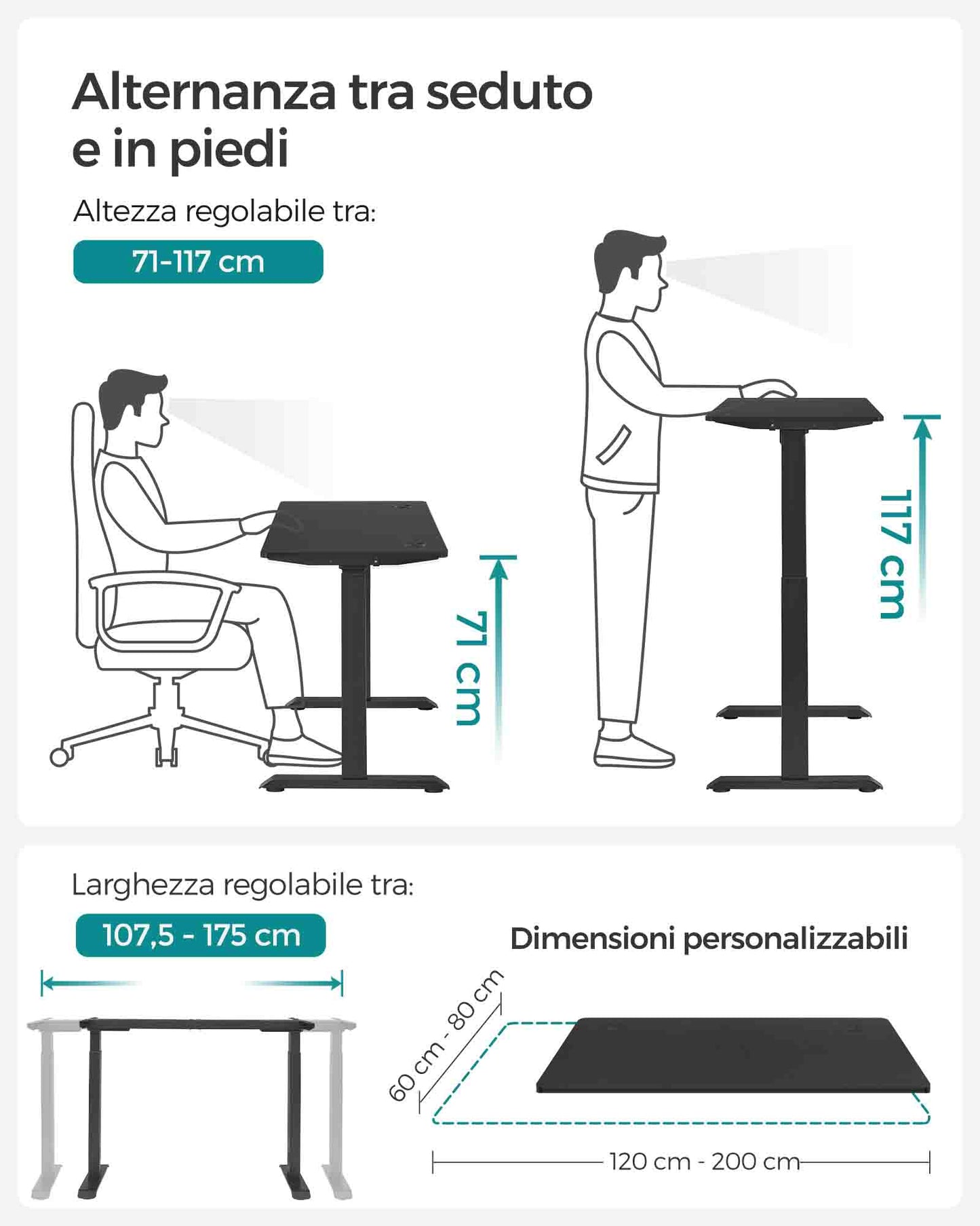 Scrivania Elettrica, Scrivania Regolabile in Altezza, Scrivania PC, 70x140cm, 4 Altezze, Nero, Songmics, 1