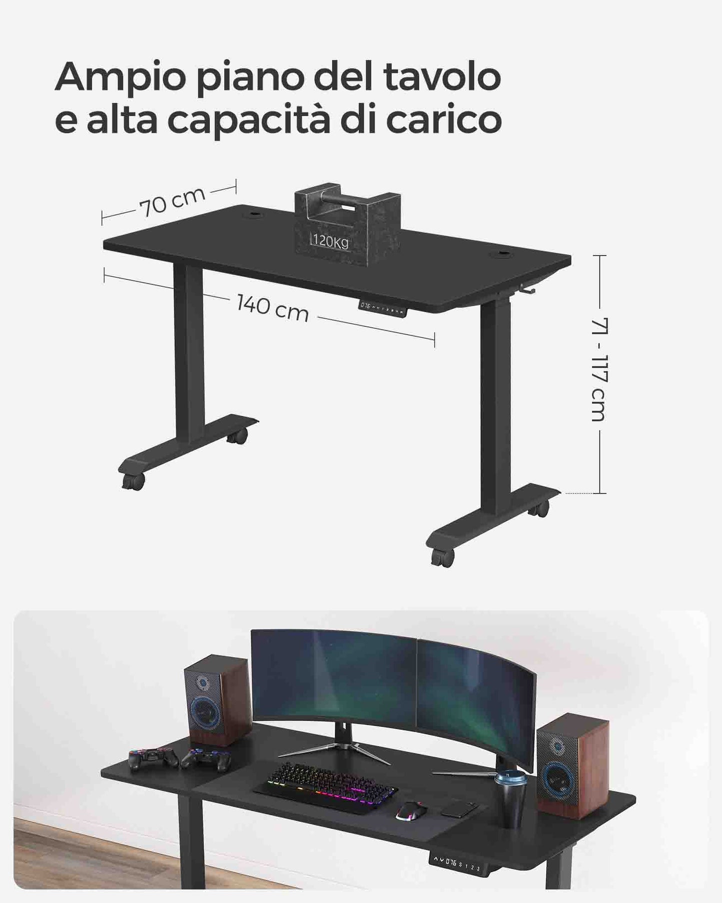 Scrivania Elettrica, Scrivania Regolabile in Altezza, Scrivania PC, 70x140cm, 4 Altezze, Nero, Songmics, 1