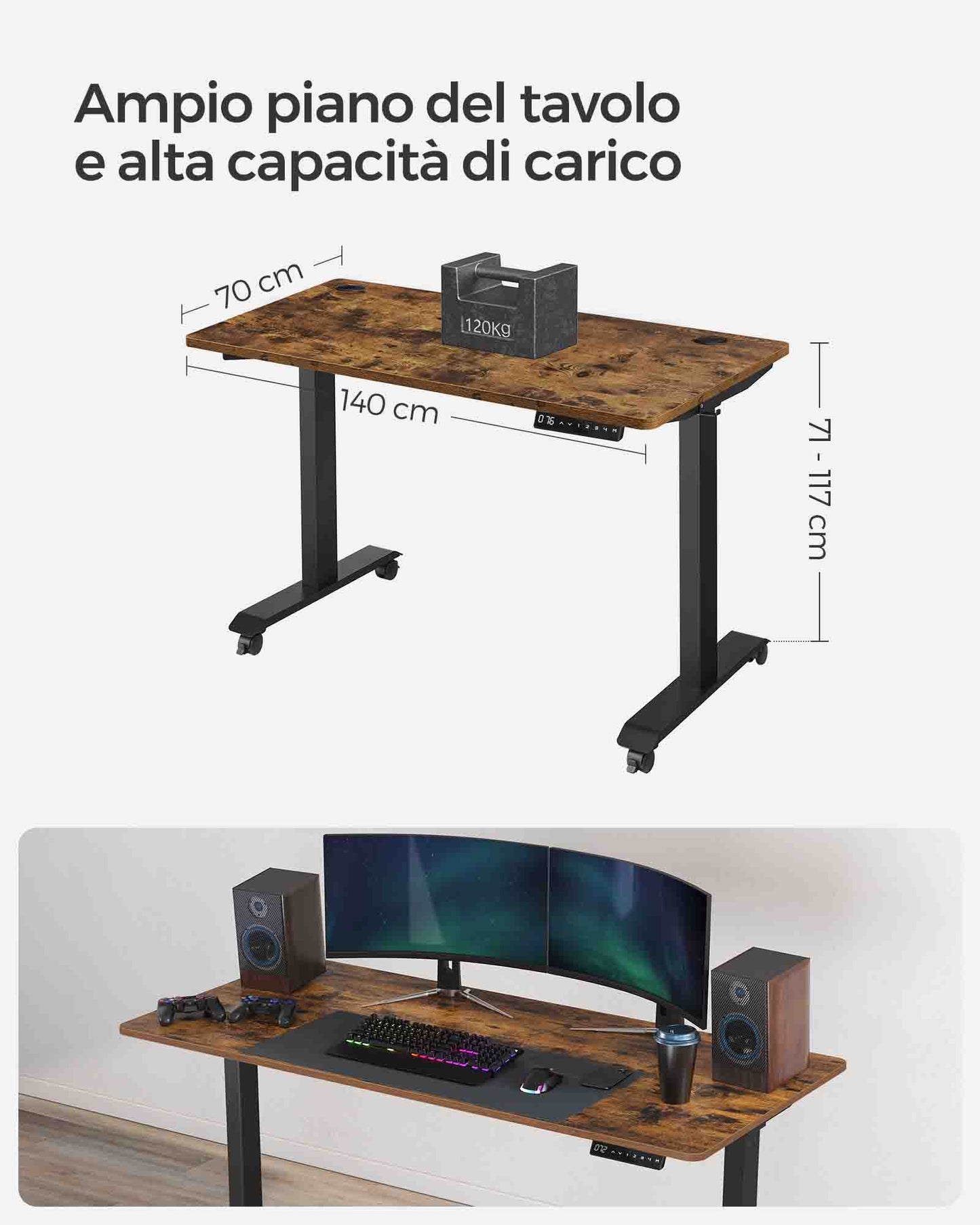 Scrivania Elettrica, Scrivania Regolabile in Altezza, Scrivania PC, 70x140cm, 4 Altezze, Marrone Vintage e Ner, Songmics, 1