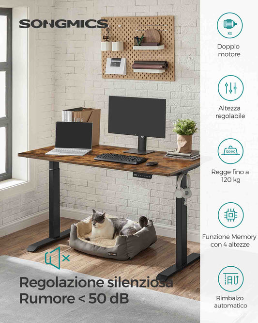Scrivania Elettrica, Scrivania Regolabile in Altezza, Scrivania PC, 70x140cm, 4 Altezze, Marrone Vintage e Ner, Songmics, 1