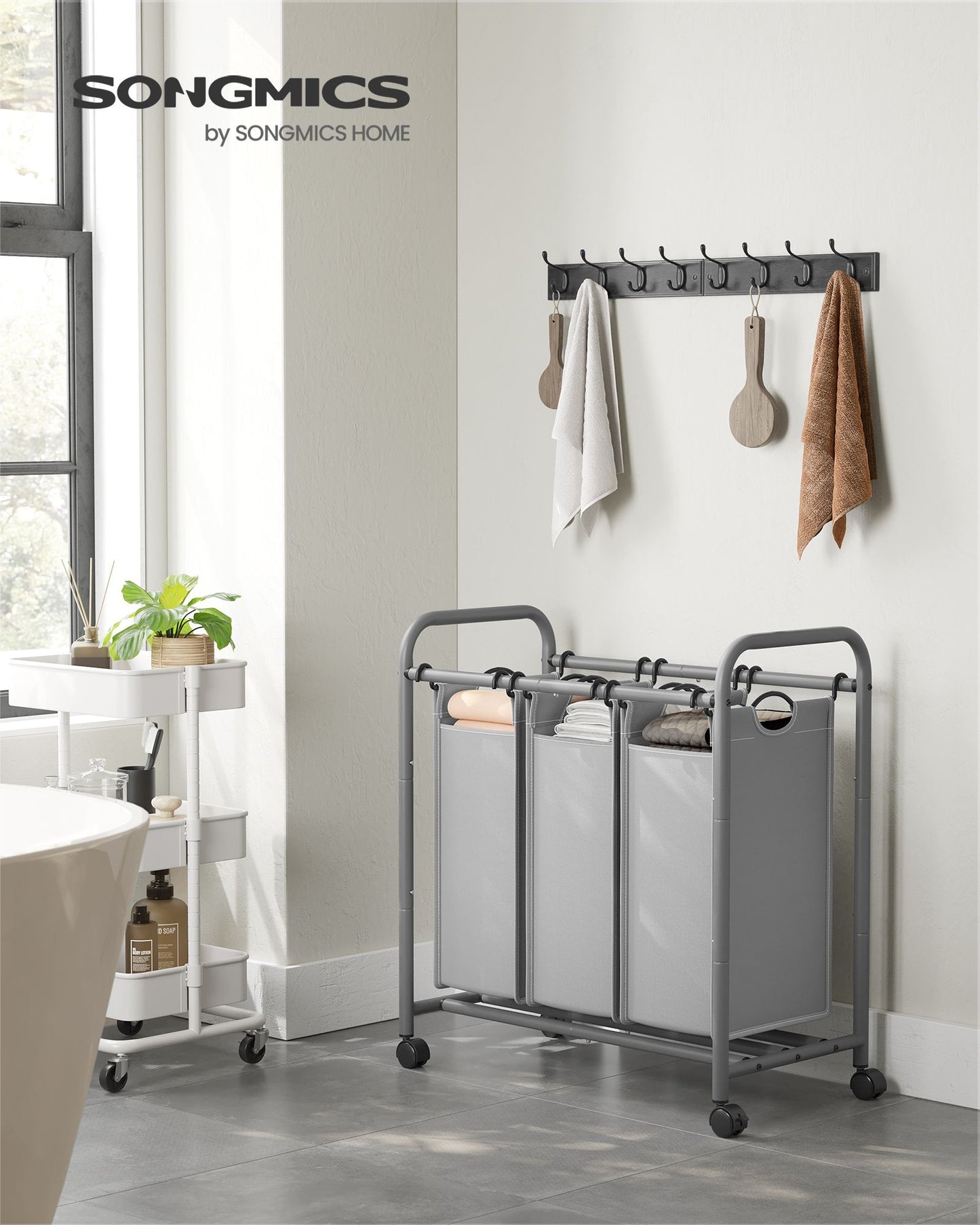 Cesto Portabiancheria, 132 L, Mobile Portabiancheria, 3 Scomparti, con Ruote, Cesta per Bucato con Maniglie, Grigio, SONGMICS, 3