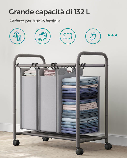 Cesto Portabiancheria, 132 L, Mobile Portabiancheria, 3 Scomparti, con Ruote, Cesta per Bucato con Maniglie, Grigio, SONGMICS, 4