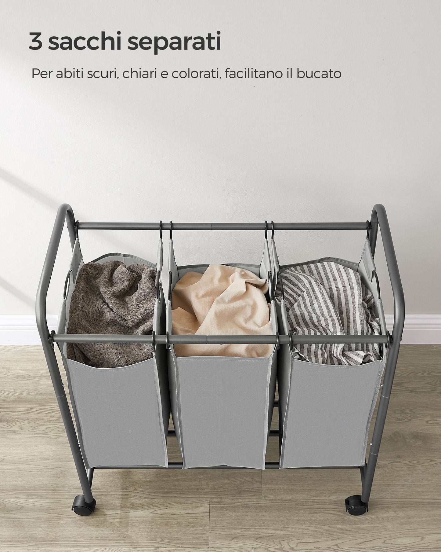 Cesto Portabiancheria, 132 L, Mobile Portabiancheria, 3 Scomparti, con Ruote, Cesta per Bucato con Maniglie, Grigio, SONGMICS, 5