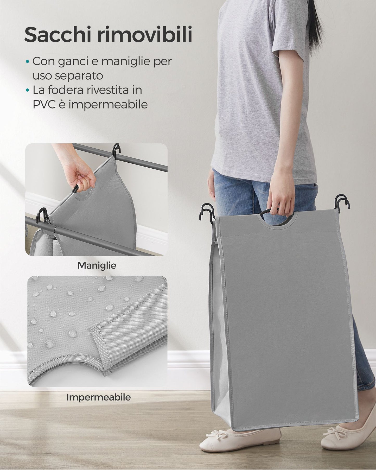 Cesto Portabiancheria, 132 L, Mobile Portabiancheria, 3 Scomparti, con Ruote, Cesta per Bucato con Maniglie, Grigio, SONGMICS, 7