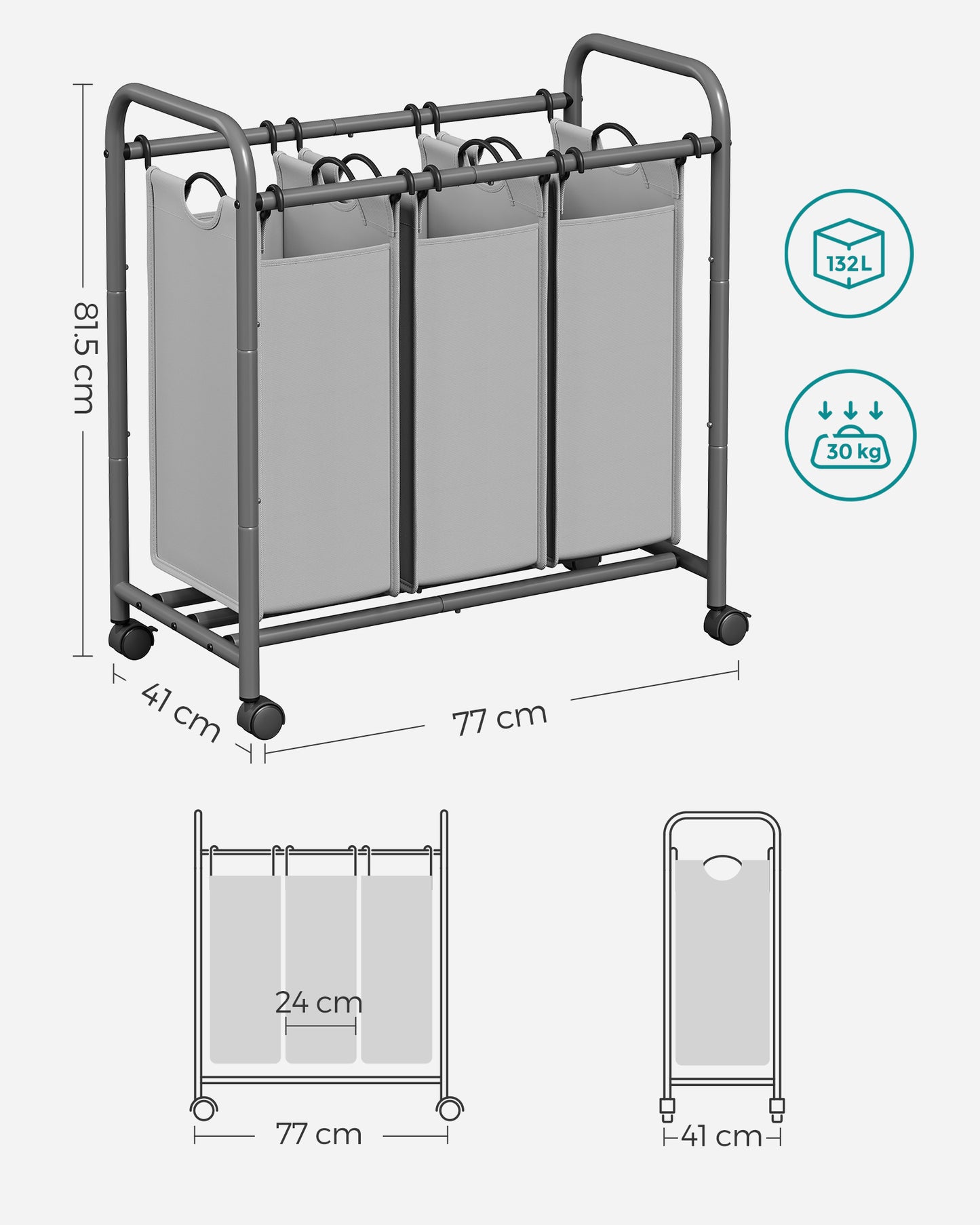 Cesto Portabiancheria, 132 L, Mobile Portabiancheria, 3 Scomparti, con Ruote, Cesta per Bucato con Maniglie, Grigio, SONGMICS, 8