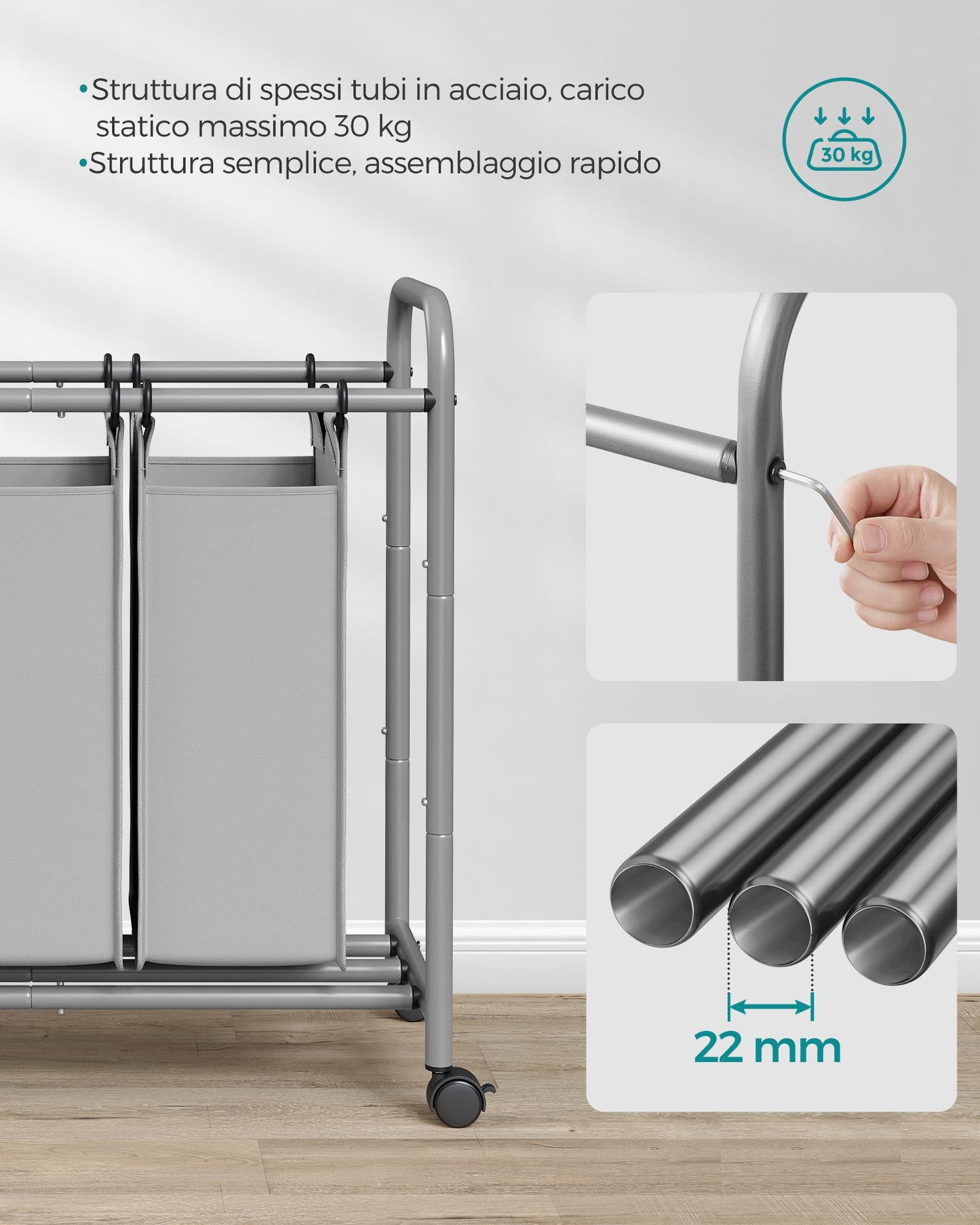 Cesto Portabiancheria, 132 L, Mobile Portabiancheria, 3 Scomparti, con Ruote, Cesta per Bucato con Maniglie, Grigio, SONGMICS, 9