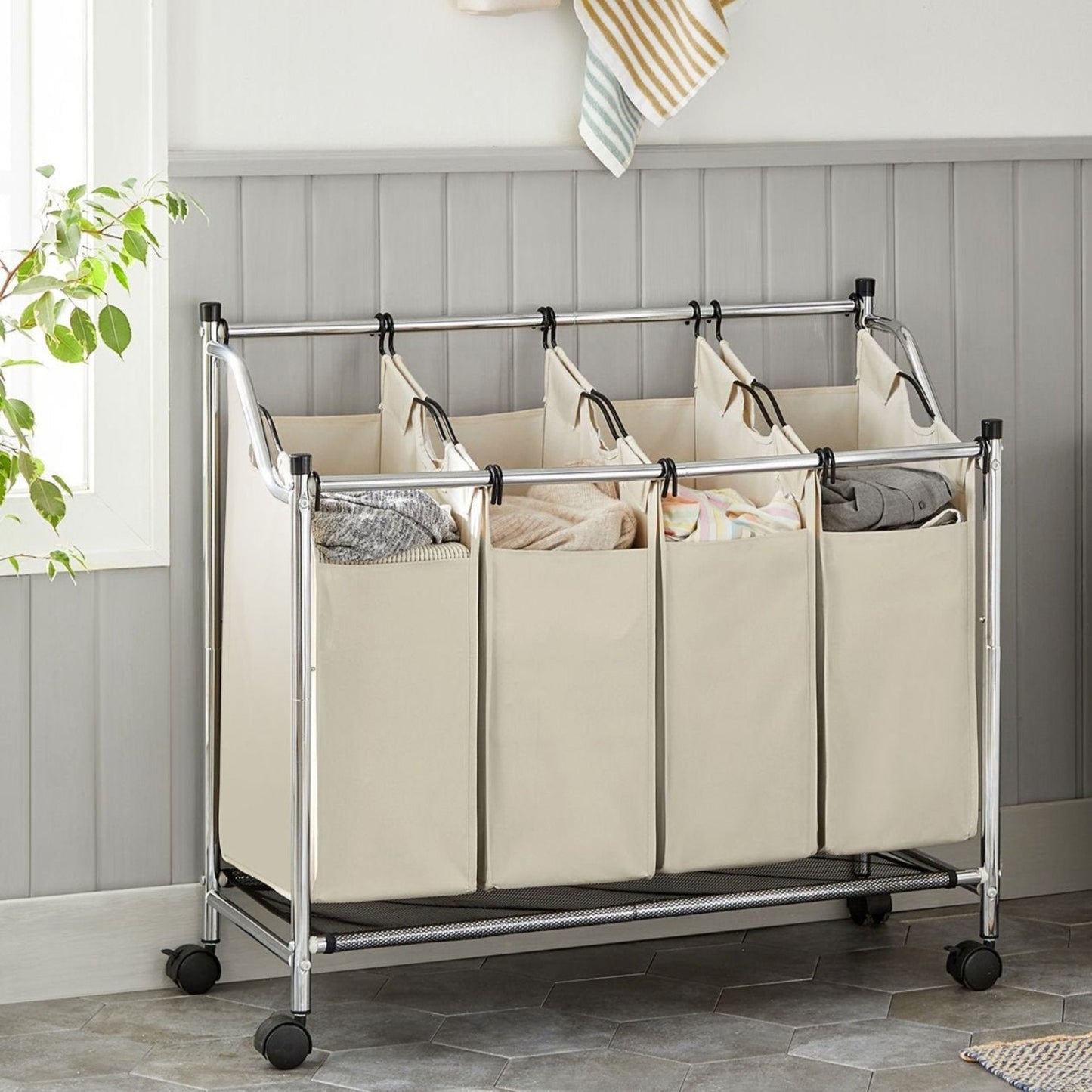 Cesto Portabiancheria, 4 x 35 L, Mobile Portabiancheria, con 4 Sacchi Rimovibili, Carrello per Lavanderia, Grigio, SONGMICS, 1