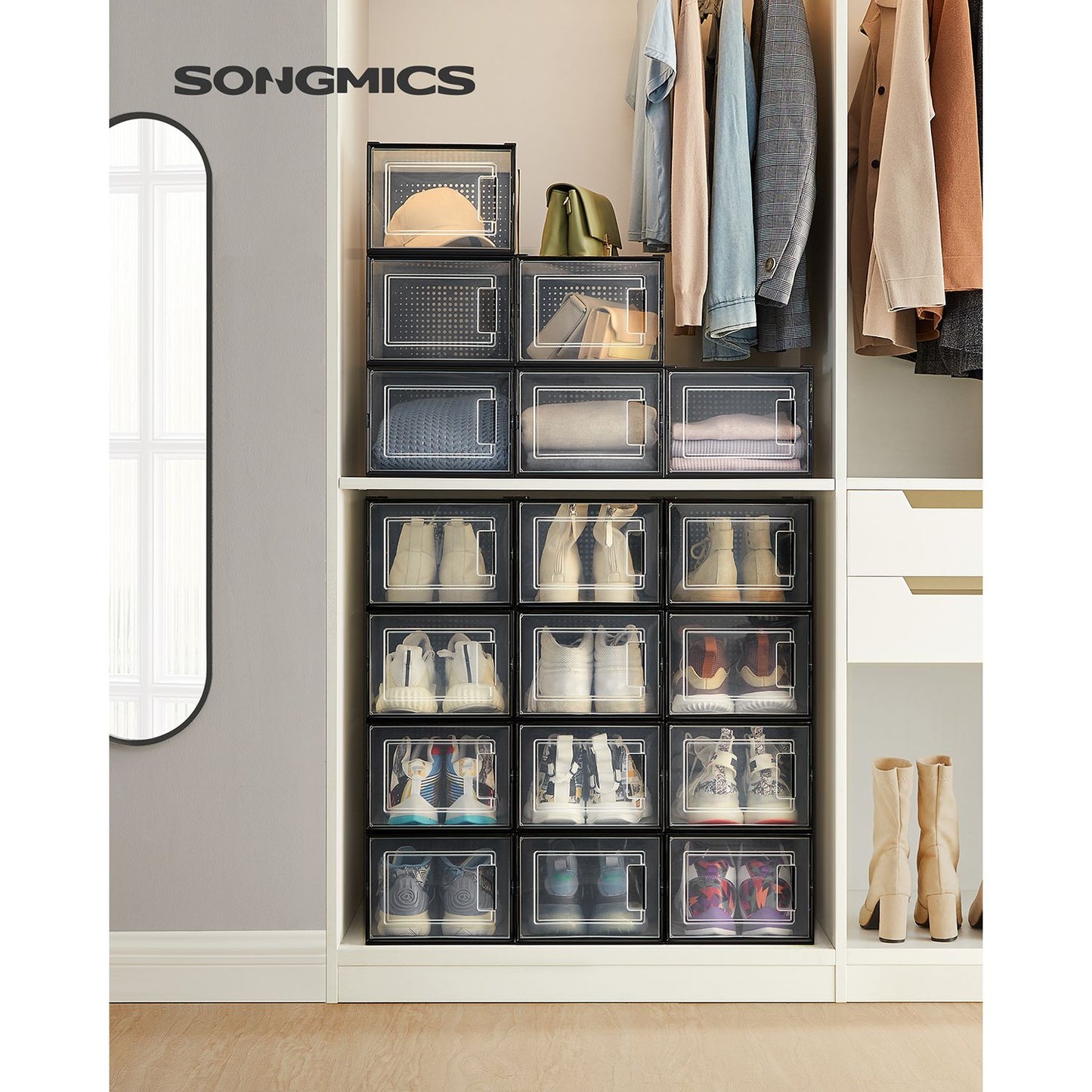 Scatole per Scarpe, Pacco da 18, Organizer Scarpe, Contenitori per Scarpe, Fino a Taglia 46, Trasparente Nero, SONGMICS, 3