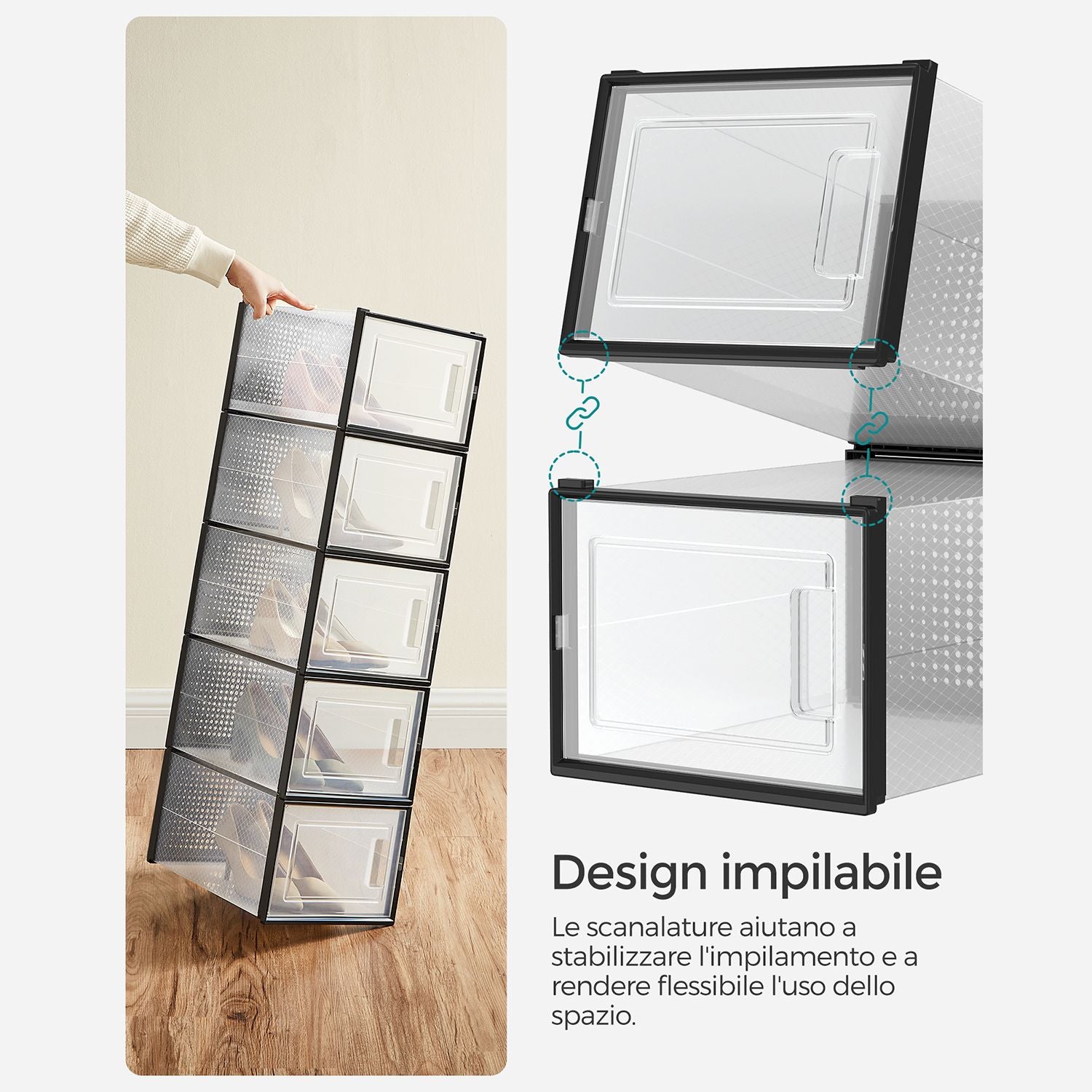 Scatole per Scarpe, Pacco da 18, Organizer Scarpe, Contenitori per Scarpe, Fino a Taglia 46, Trasparente Nero, SONGMICS, 5