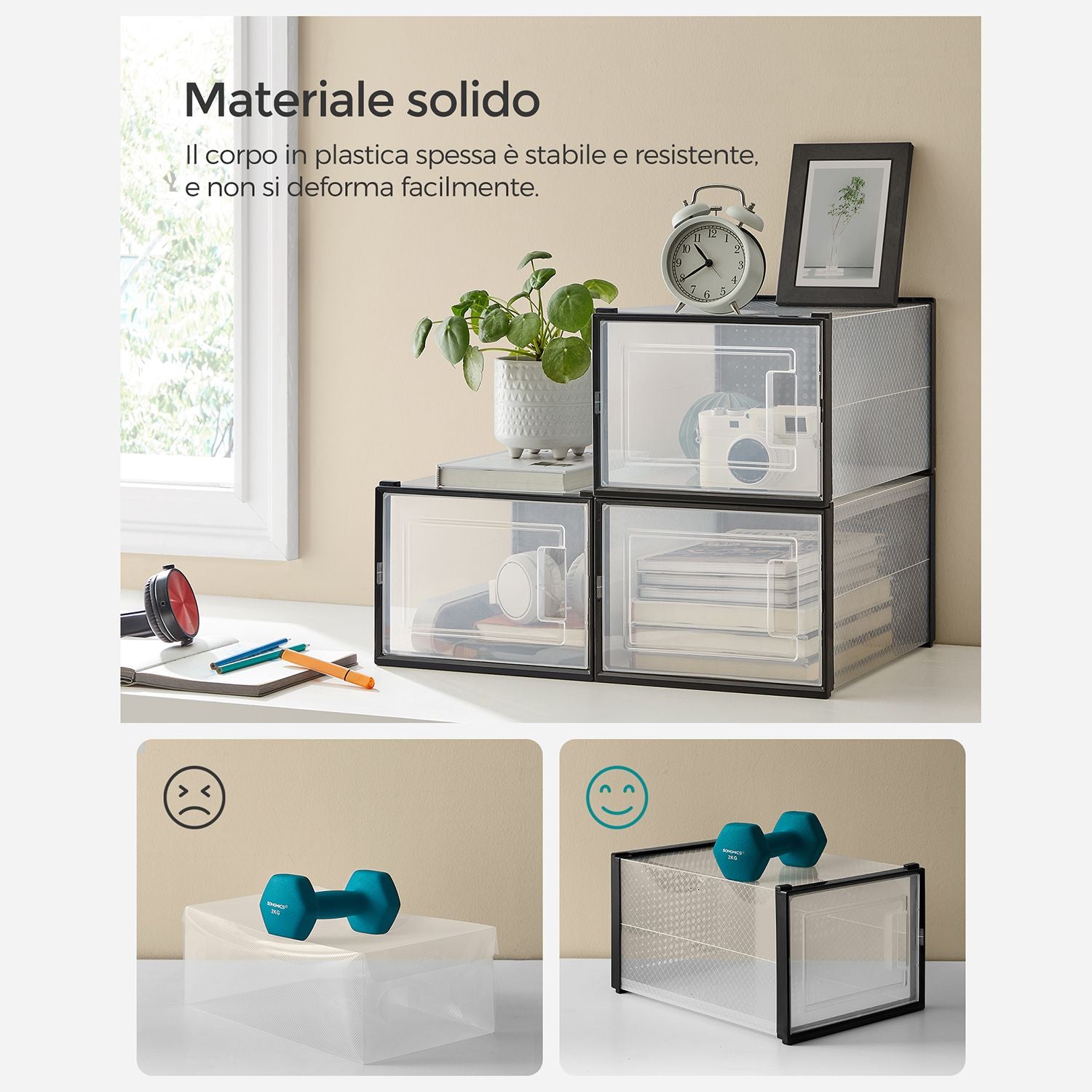 Scatole per Scarpe, Pacco da 18, Organizer Scarpe, Contenitori per Scarpe, Fino a Taglia 46, Trasparente Nero, SONGMICS, 6