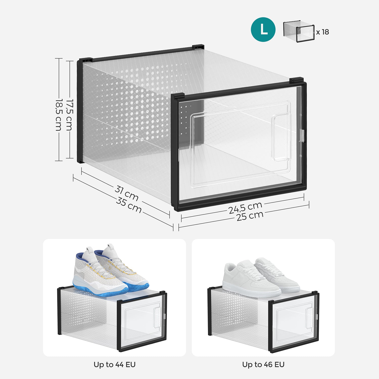 Scatole per Scarpe, Pacco da 18, Organizer Scarpe, Contenitori per Scarpe, Fino a Taglia 46, Trasparente Nero, SONGMICS, 7