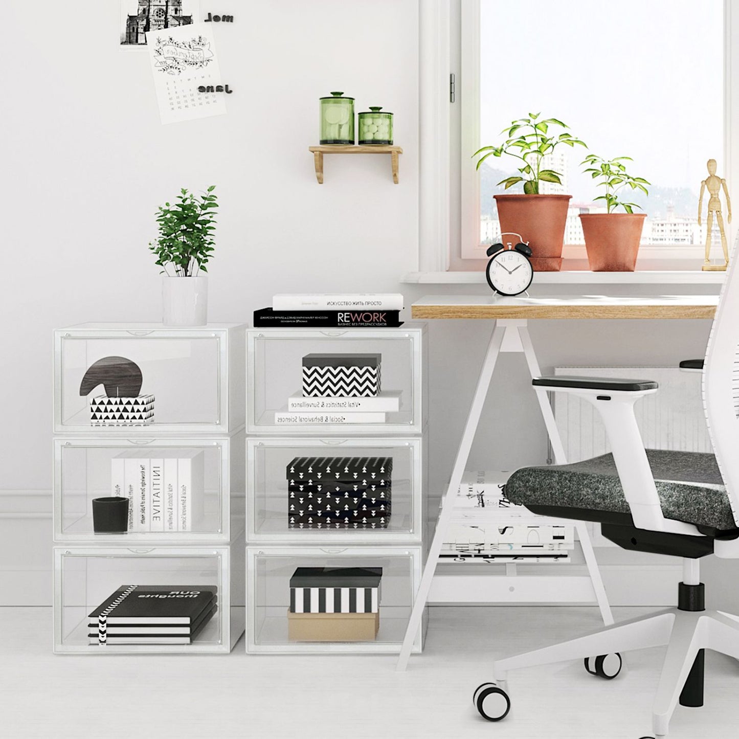 Scatole per Scarpe, Pacco da 3, Organizer Scarpe, Contenitori per Scarpe, Fino a Taglia 46, Trasparente Bianco, SONGMICS, 3