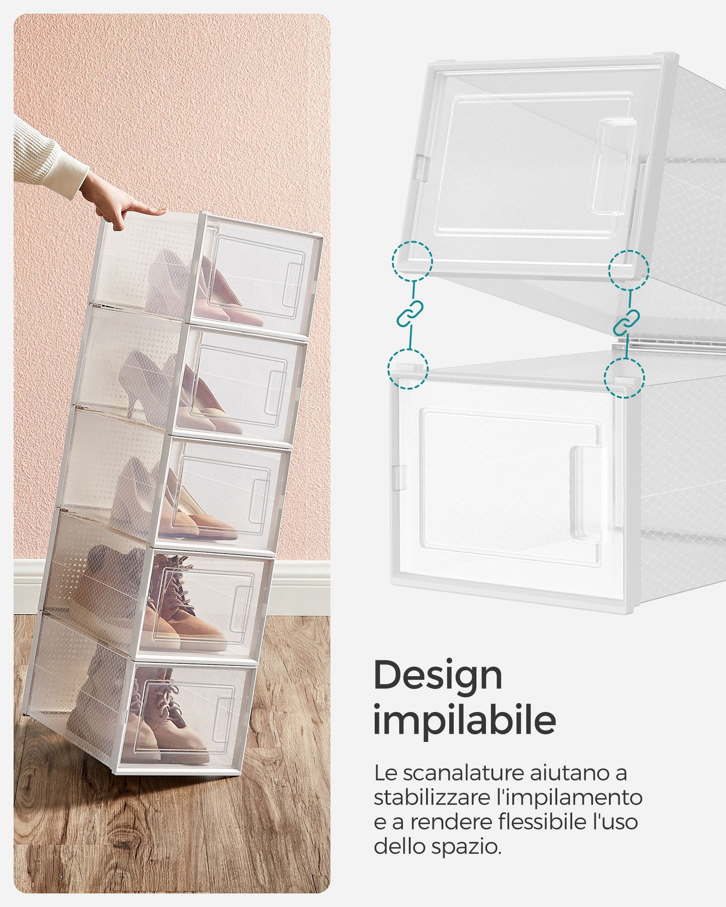Scatole per Scarpe, Pacco da 8, Organizer Scarpe, Contenitori per Scarpe, Fino a Taglia 46, Trasparente bianco, SONGMICS, 5
