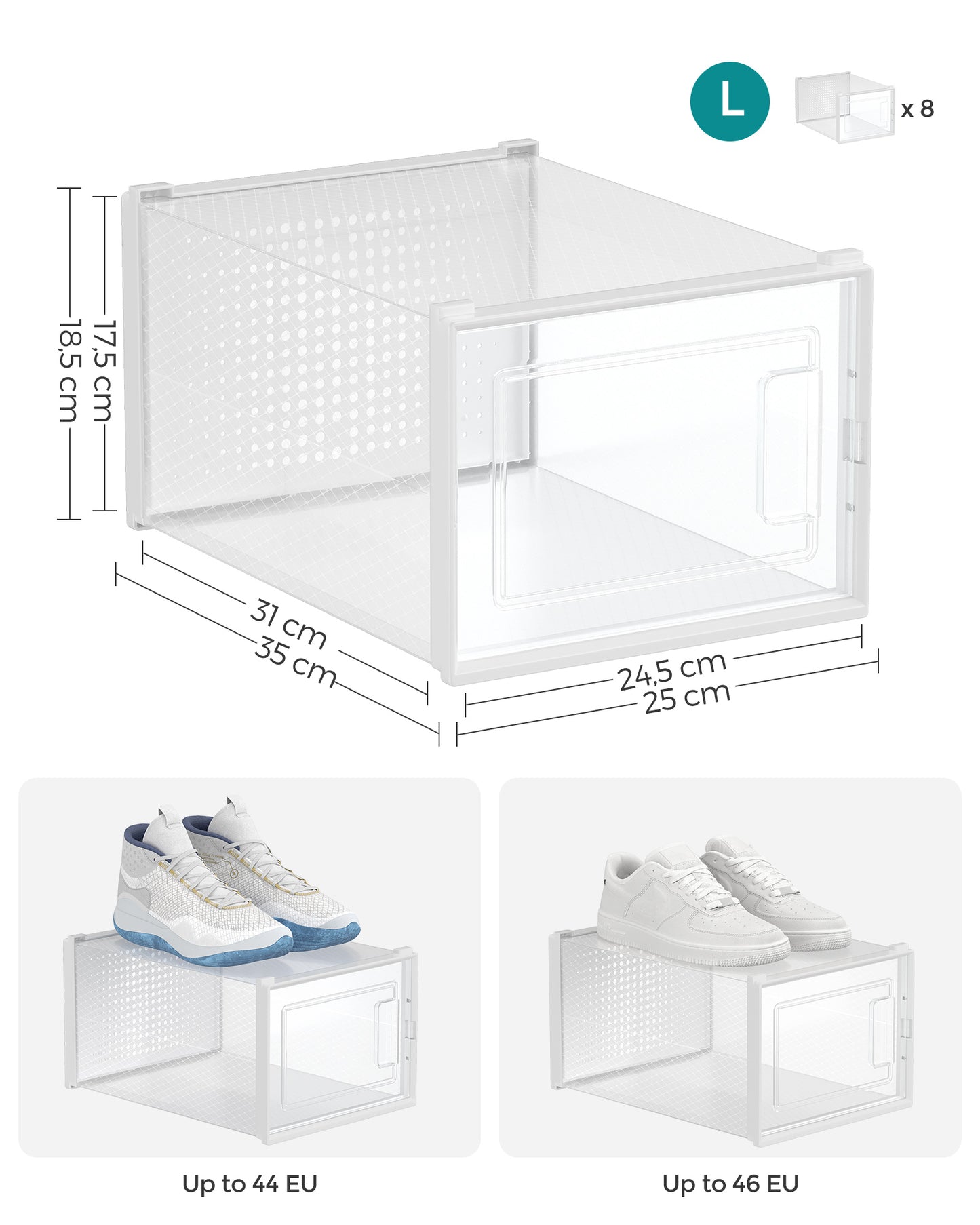 Scatole per Scarpe, Pacco da 8, Organizer Scarpe, Contenitori per Scarpe, Fino a Taglia 46, Trasparente bianco, SONGMICS, 7