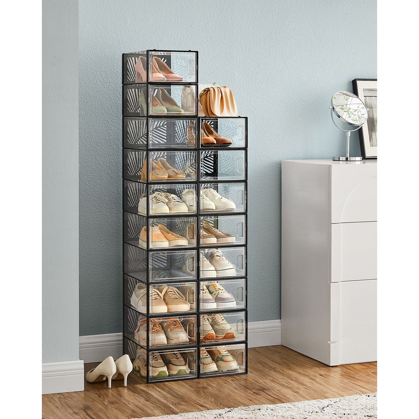 Scatole per Scarpe, Pacco da 18, Organizer Scarpe, Contenitori per Scarpe, Fino a Taglia 44, Trasparente Nero, SONGMICS, 1