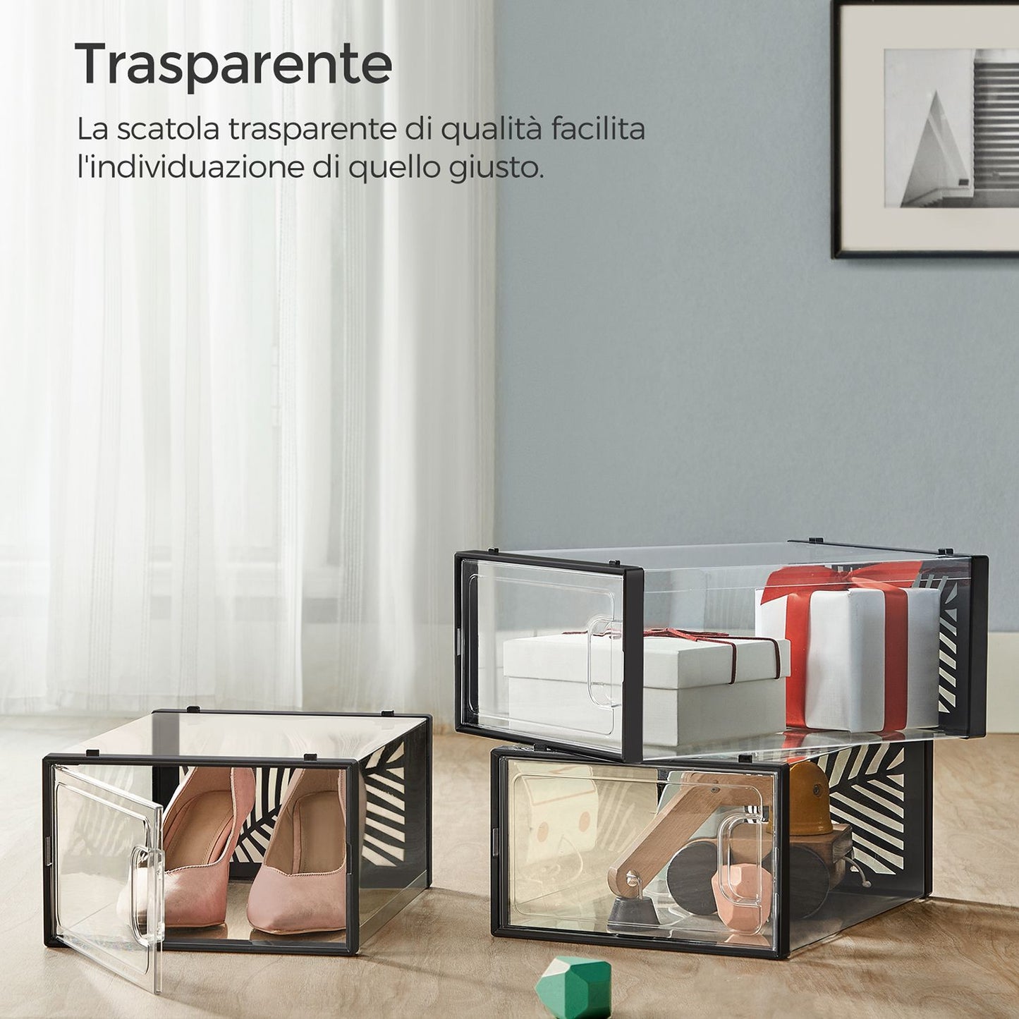Scatole per Scarpe, Pacco da 18, Organizer Scarpe, Contenitori per Scarpe, Fino a Taglia 44, Trasparente Nero, SONGMICS, 7