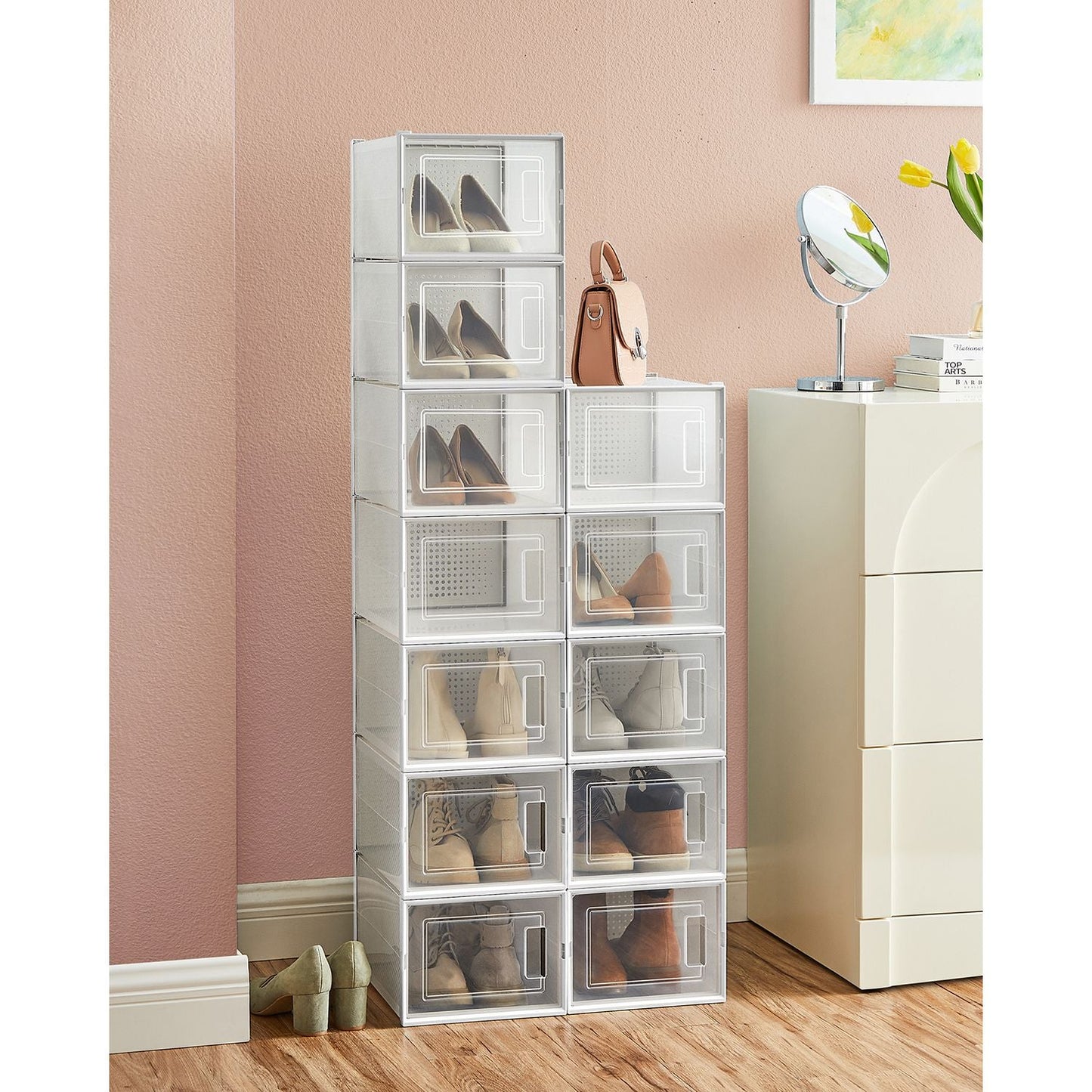 Scatole per Scarpe, Pacco da 12, Organizer Scarpe, Contenitori per Scarpe, Fino a Taglia 46, Trasparente Bianco, SONGMICS, 1
