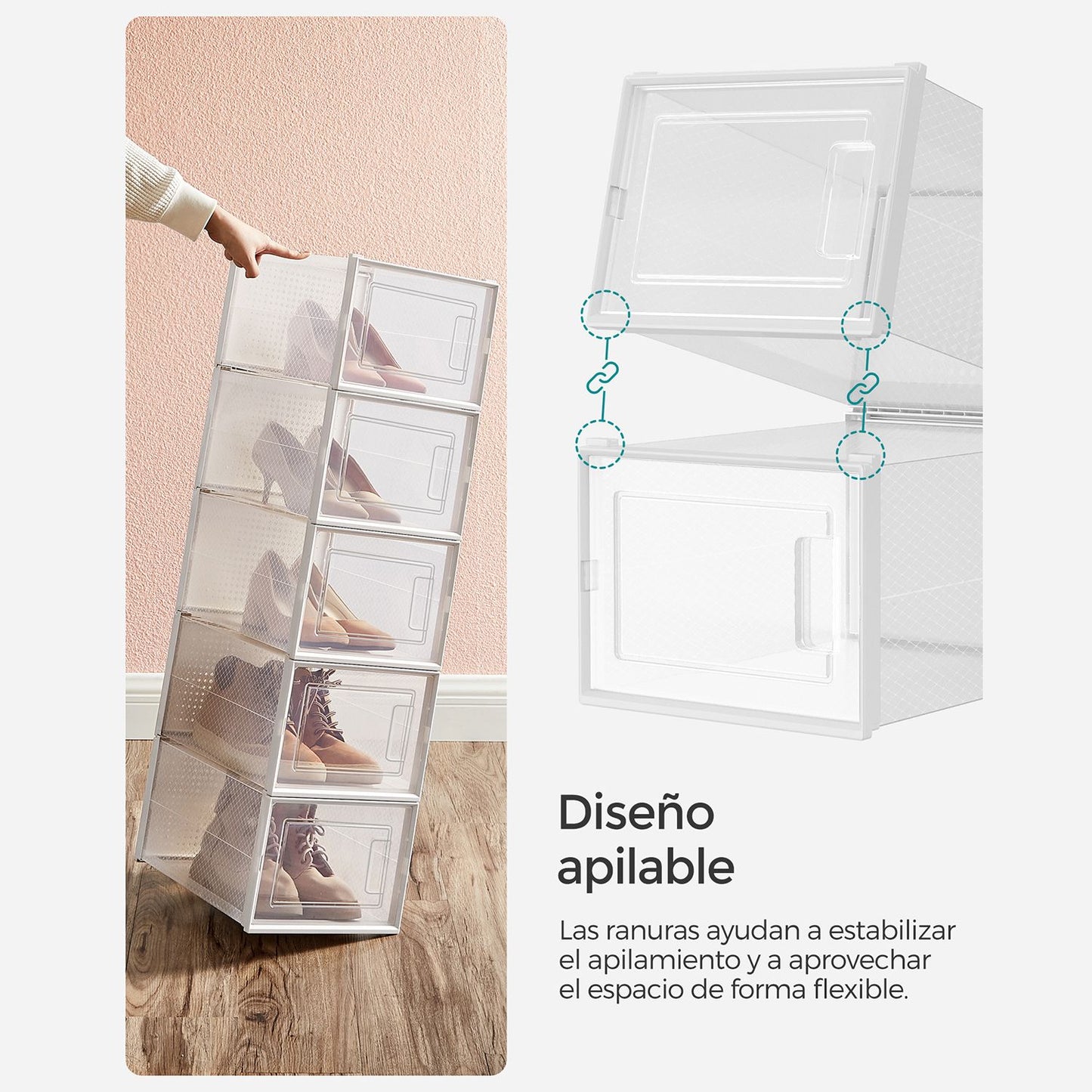 Scatole per Scarpe, Pacco da 12, Organizer Scarpe, Contenitori per Scarpe, Fino a Taglia 46, Trasparente Bianco, SONGMICS, 5
