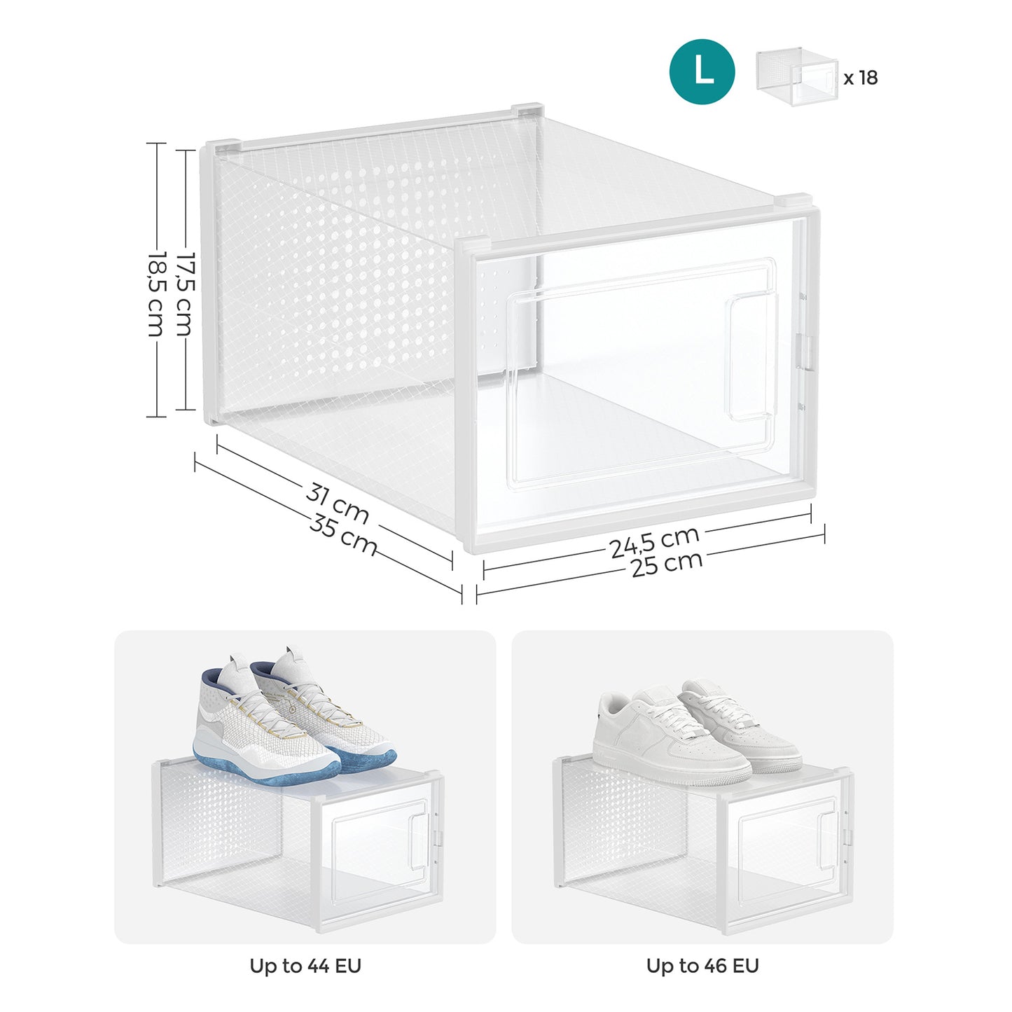 Scatole per Scarpe, Pacco da 12, Organizer Scarpe, Contenitori per Scarpe, Fino a Taglia 46, Trasparente Bianco, SONGMICS, 7