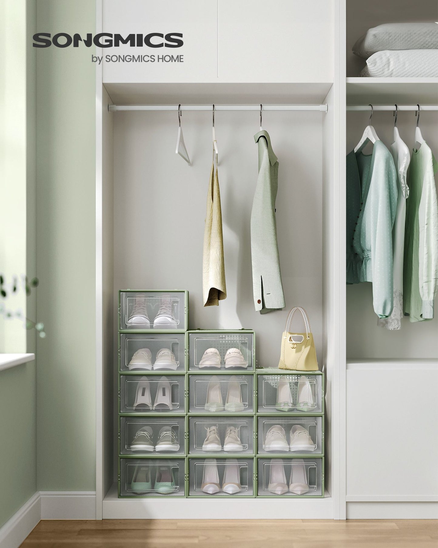Scatole per Scarpe, Pacco da 12, Organizer Scarpe, Contenitori per Scarpe, Fino a Taglia 44, Trasparente Verde, SONGMICS, 3