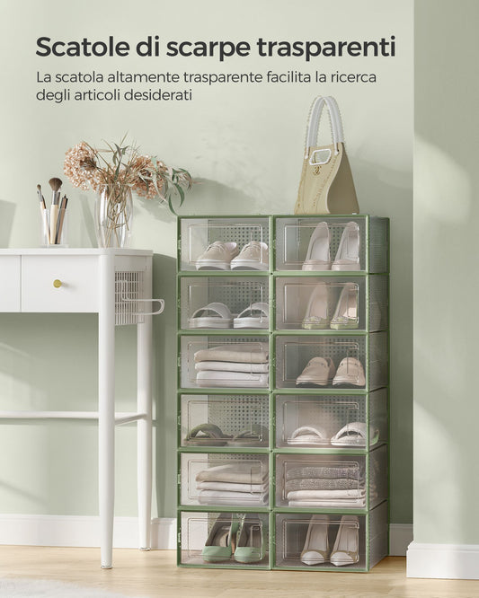 Scatole per Scarpe, Pacco da 12, Organizer Scarpe, Contenitori per Scarpe, Fino a Taglia 44, Trasparente Verde, SONGMICS, 4