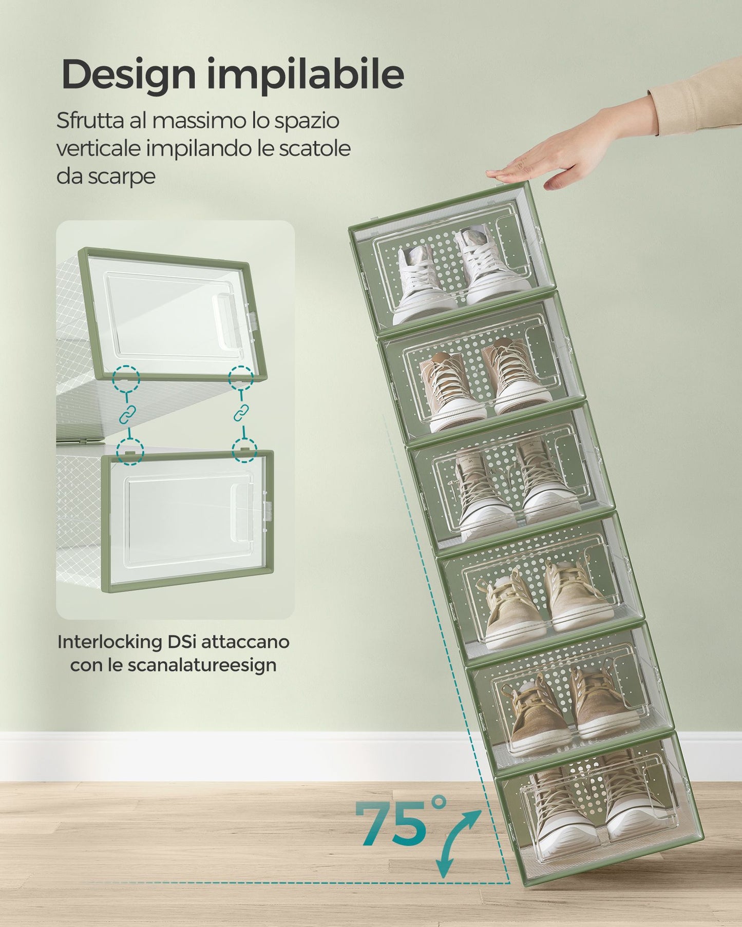 Scatole per Scarpe, Pacco da 12, Organizer Scarpe, Contenitori per Scarpe, Fino a Taglia 44, Trasparente Verde, SONGMICS, 5