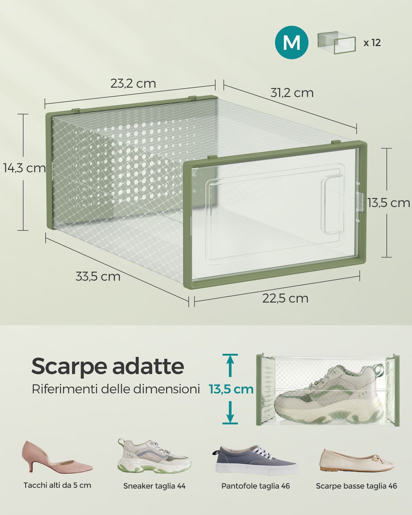 Scatole per Scarpe, Pacco da 12, Organizer Scarpe, Contenitori per Scarpe, Fino a Taglia 44, Trasparente Verde, SONGMICS, 7