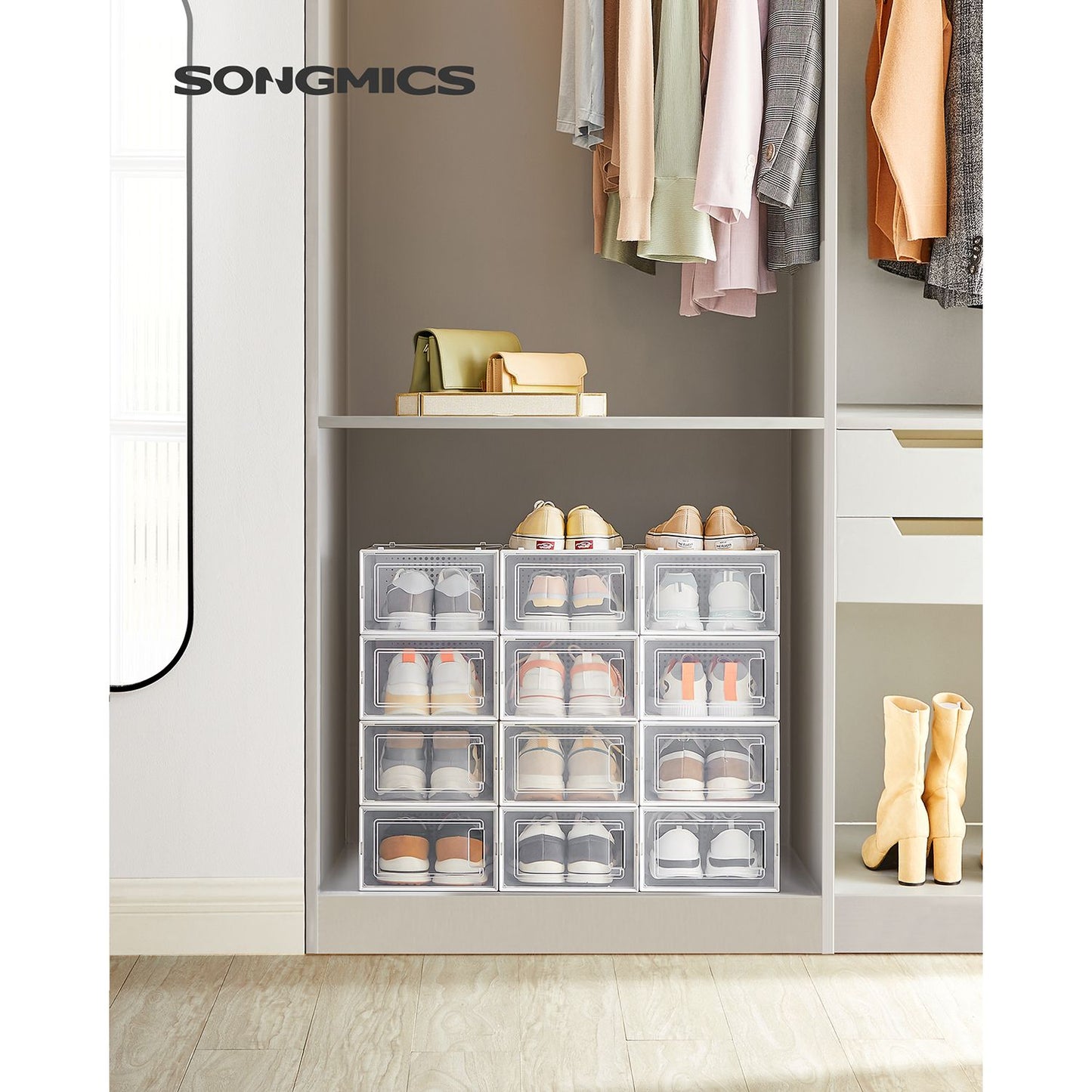 Scatole per Scarpe, Pacco da 12, Organizer Scarpe, Contenitori per Scarpe, Fino a Taglia 44, Trasparente Bianco, SONGMICS, 3