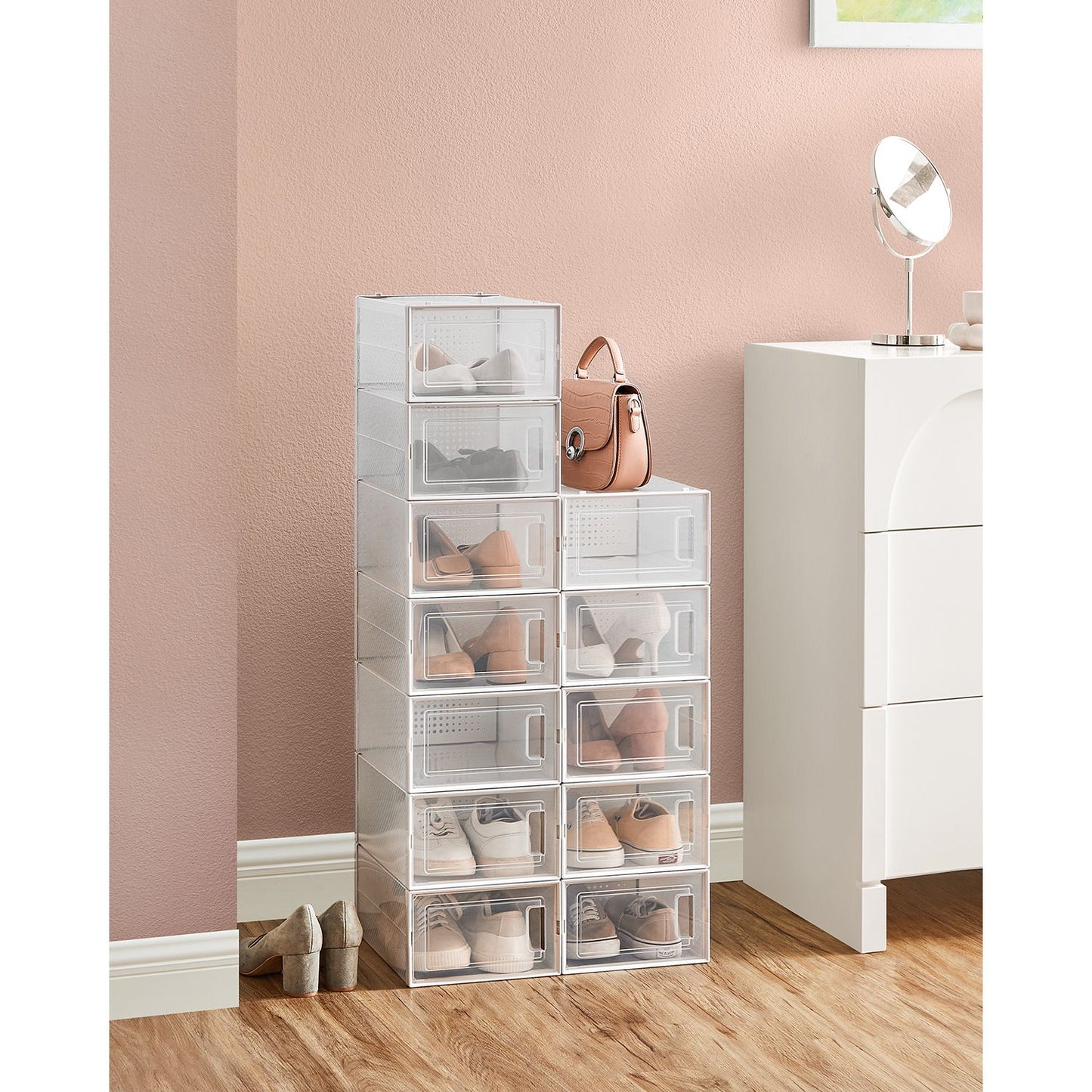 Scatole per Scarpe, Pacco da 12, Organizer Scarpe, Contenitori per Scarpe, Fino a Taglia 44, Trasparente Bianco, SONGMICS, 7