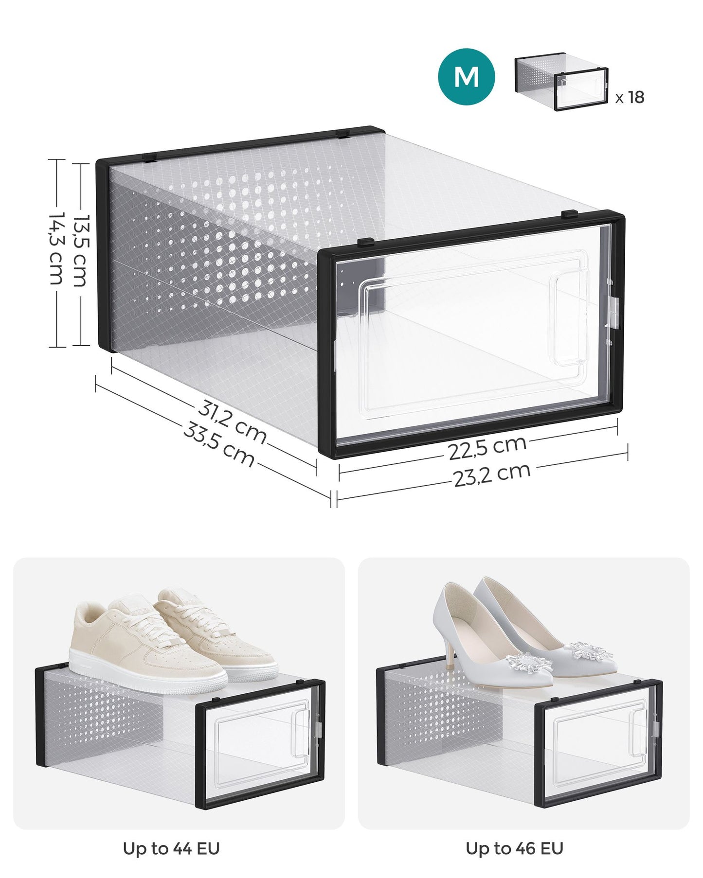 Scatole per Scarpe, Pacco da 18, Organizer Scarpe, Contenitori per Scarpe, Fino a Taglia 44, Trasparente Nero, SONGMICS, 7
