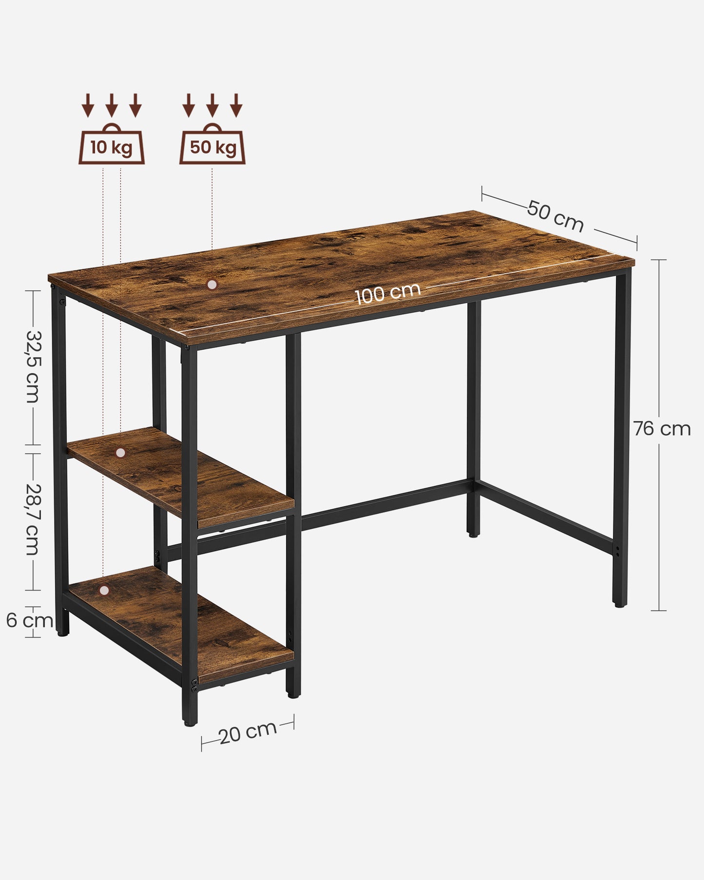 Scrivania PC, Scrivania Ufficio, Piccola Scrivania, 50x100x76cm, Scrivania Salvaspazio, con 2 Ripiani, Marrone Vintage e Nero, Vasagle, 1