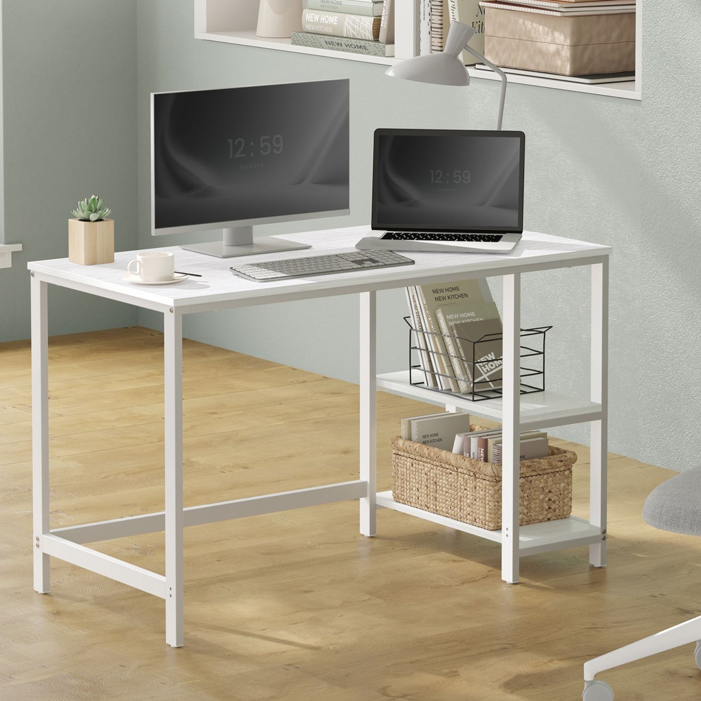 Scrivania con libreria, Scrivania Ufficio, Scrivania PC, con 2 Ripiani, Tavolo da Lavoro, Bianco, Vasagle, 1