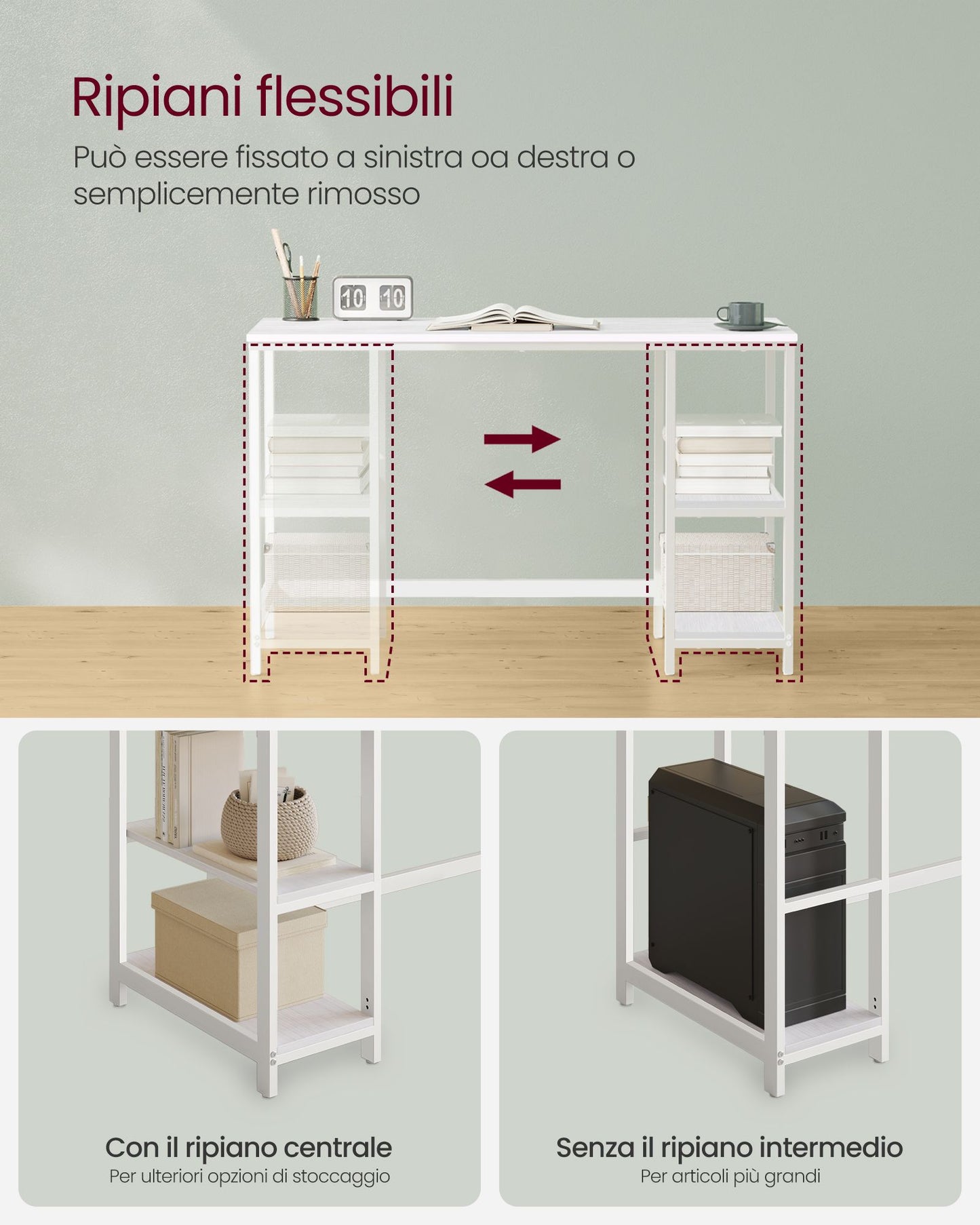 Scrivania con libreria, Scrivania Ufficio, Scrivania PC, con 2 Ripiani, Tavolo da Lavoro, Bianco, Vasagle, 1