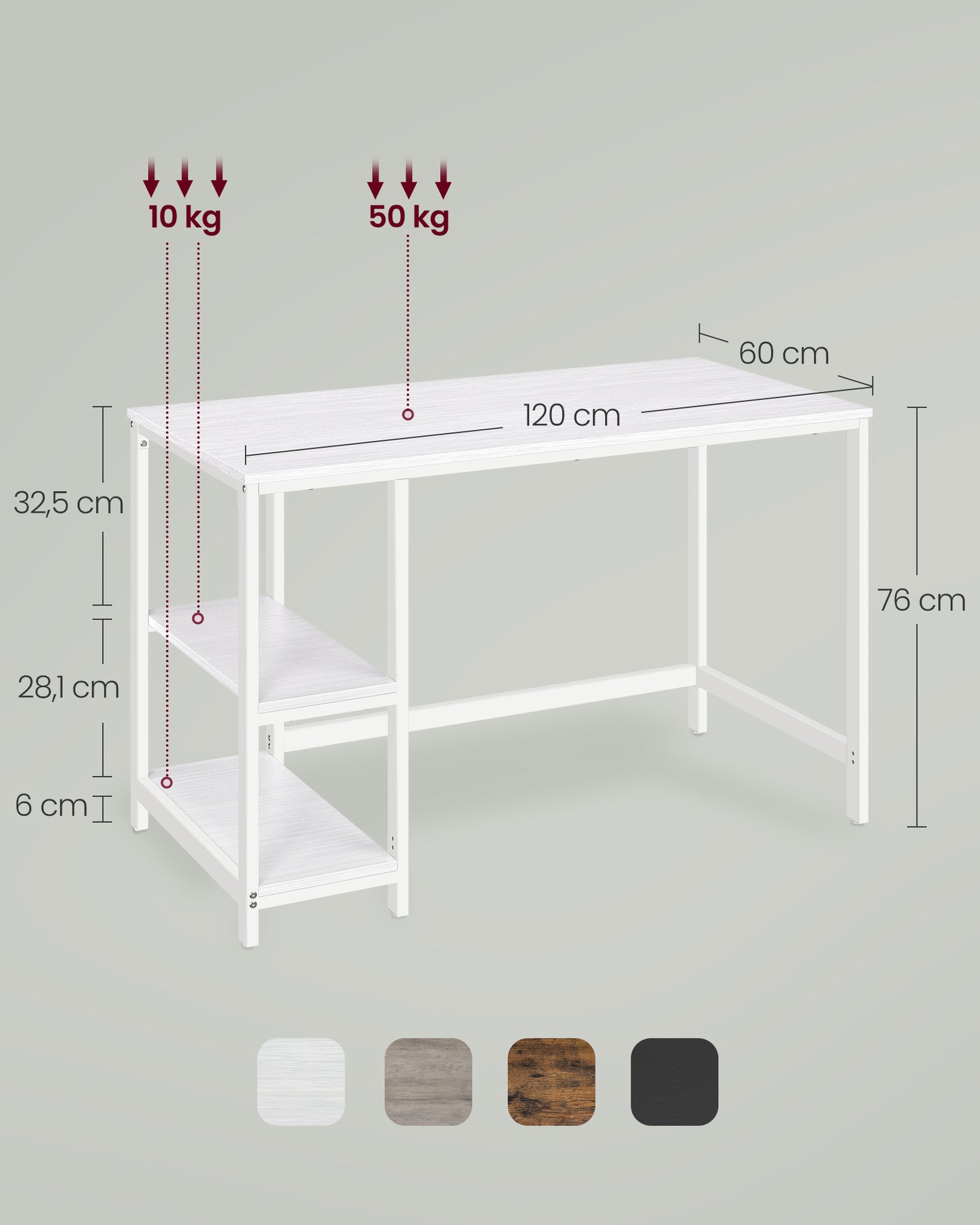 Scrivania con libreria, Scrivania Ufficio, Scrivania PC, con 2 Ripiani, Tavolo da Lavoro, Bianco, Vasagle, 1