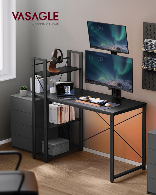 Scrivania con Libreria, Scrivania Ufficio, Scrivania PC, con Ripiani, Tavolo da Lavoro 120cm, Nero, Vasagle, 1