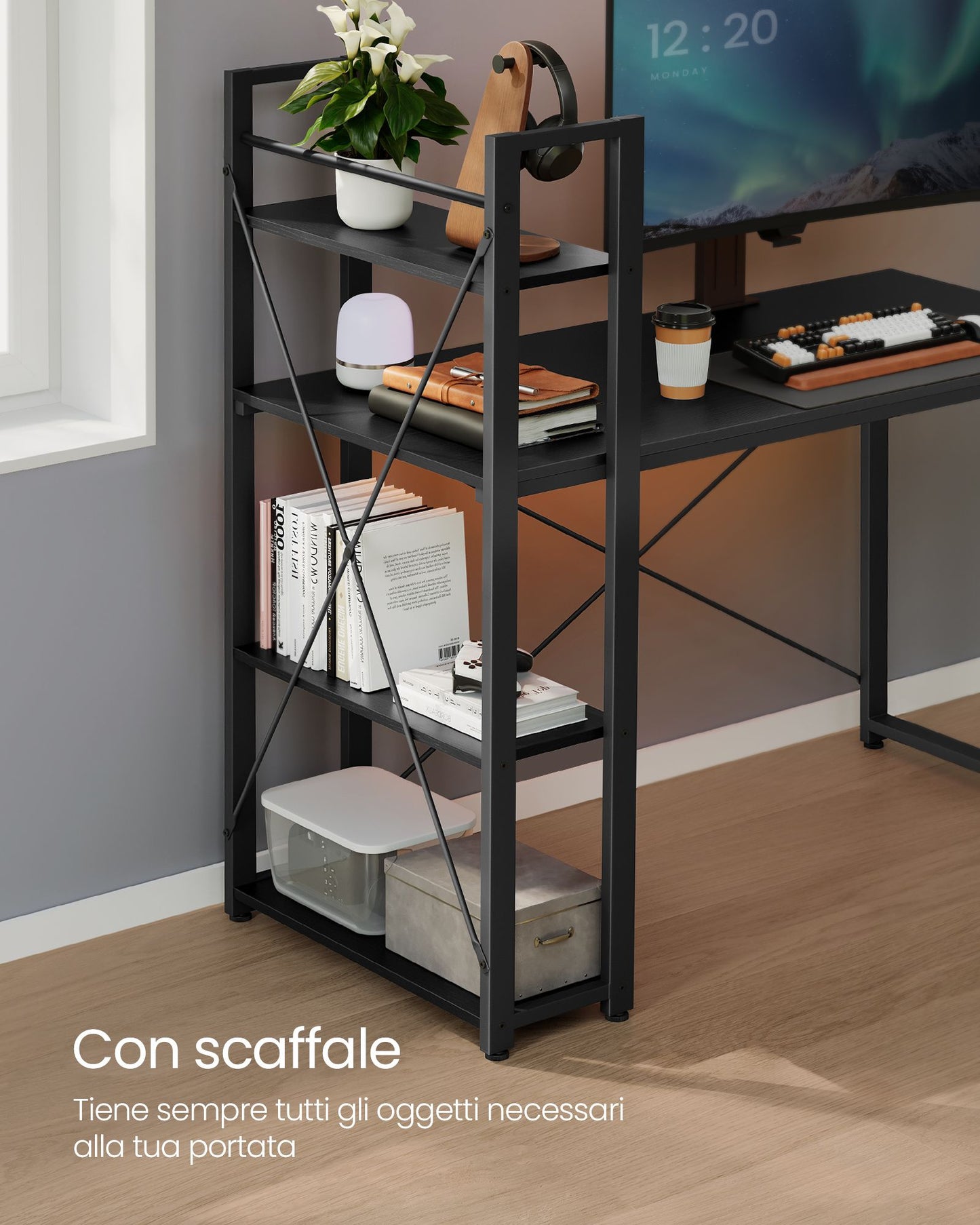 Scrivania con Libreria, Scrivania Ufficio, Scrivania PC, con Ripiani, Tavolo da Lavoro 120cm, Nero, Vasagle, 1