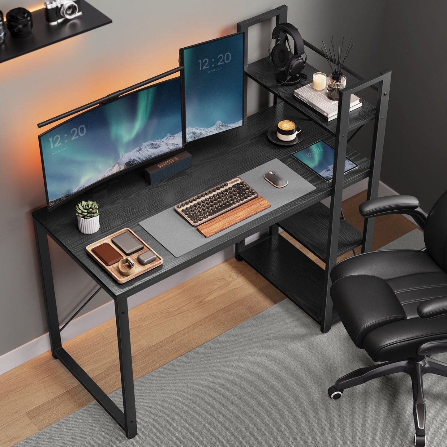 Scrivania con Libreria, Scrivania Ufficio, Scrivania PC, con Ripiani, Tavolo da Lavoro 120cm, Nero, Vasagle, 1