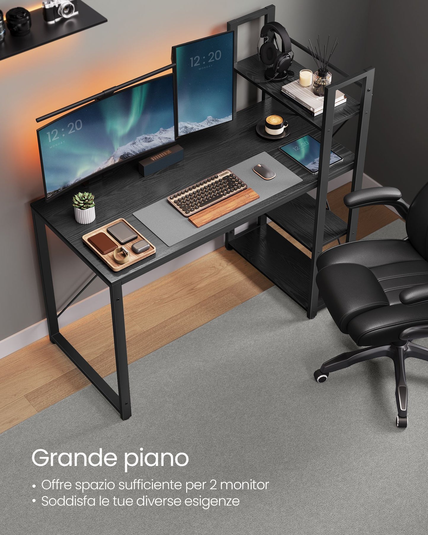 Scrivania con Libreria, Scrivania Ufficio, Scrivania PC, con Ripiani, Tavolo da Lavoro 120cm, Nero, Vasagle, 1