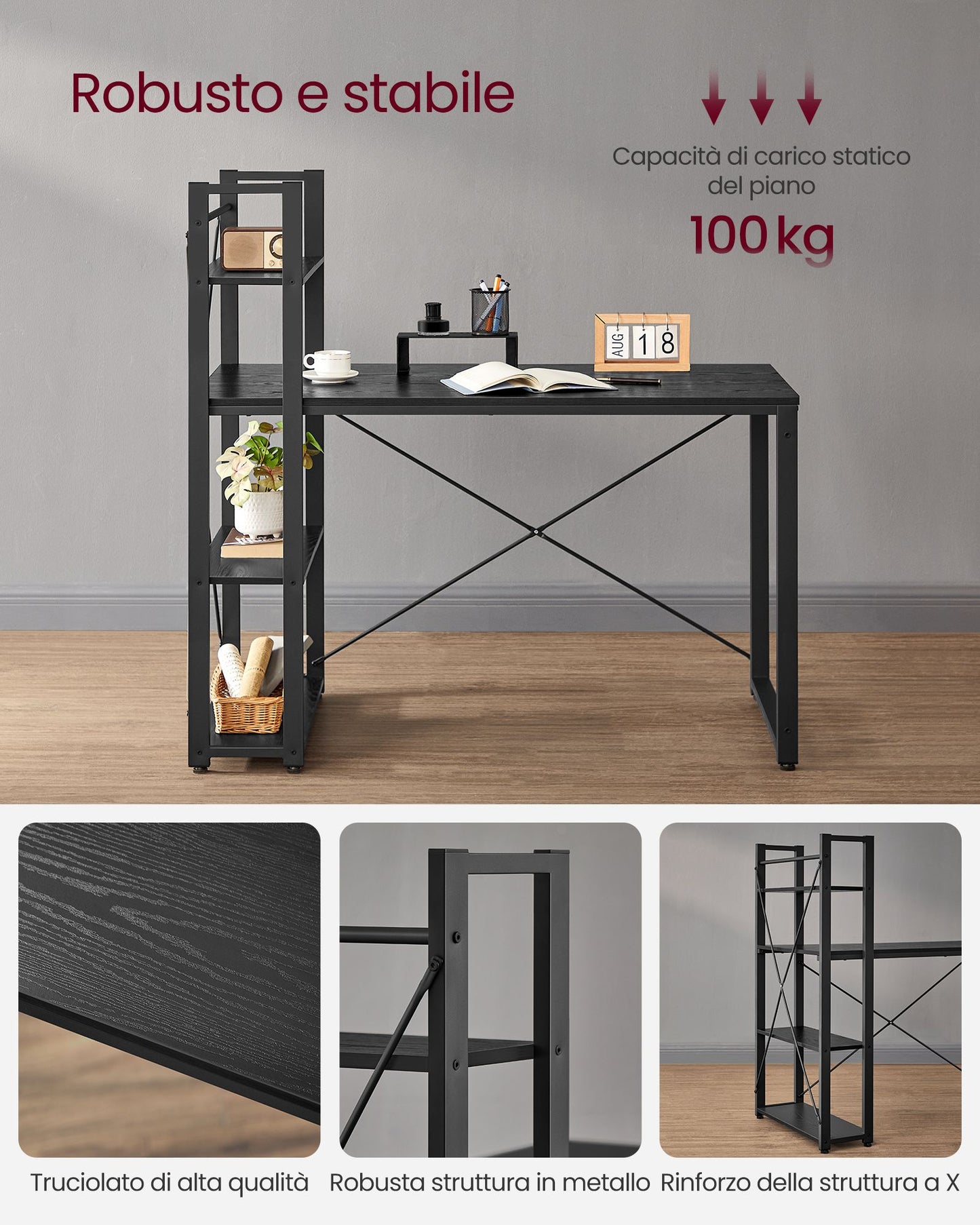 Scrivania con Libreria, Scrivania Ufficio, Scrivania PC, con Ripiani, Tavolo da Lavoro 120cm, Nero, Vasagle, 1
